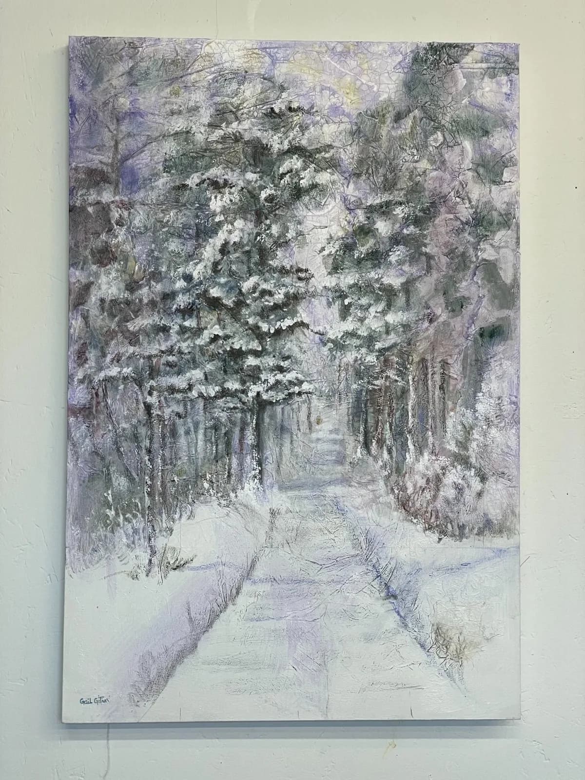 An impressionistic oil painting depicts a snow-covered forest path with trees in shades of gray and purple.