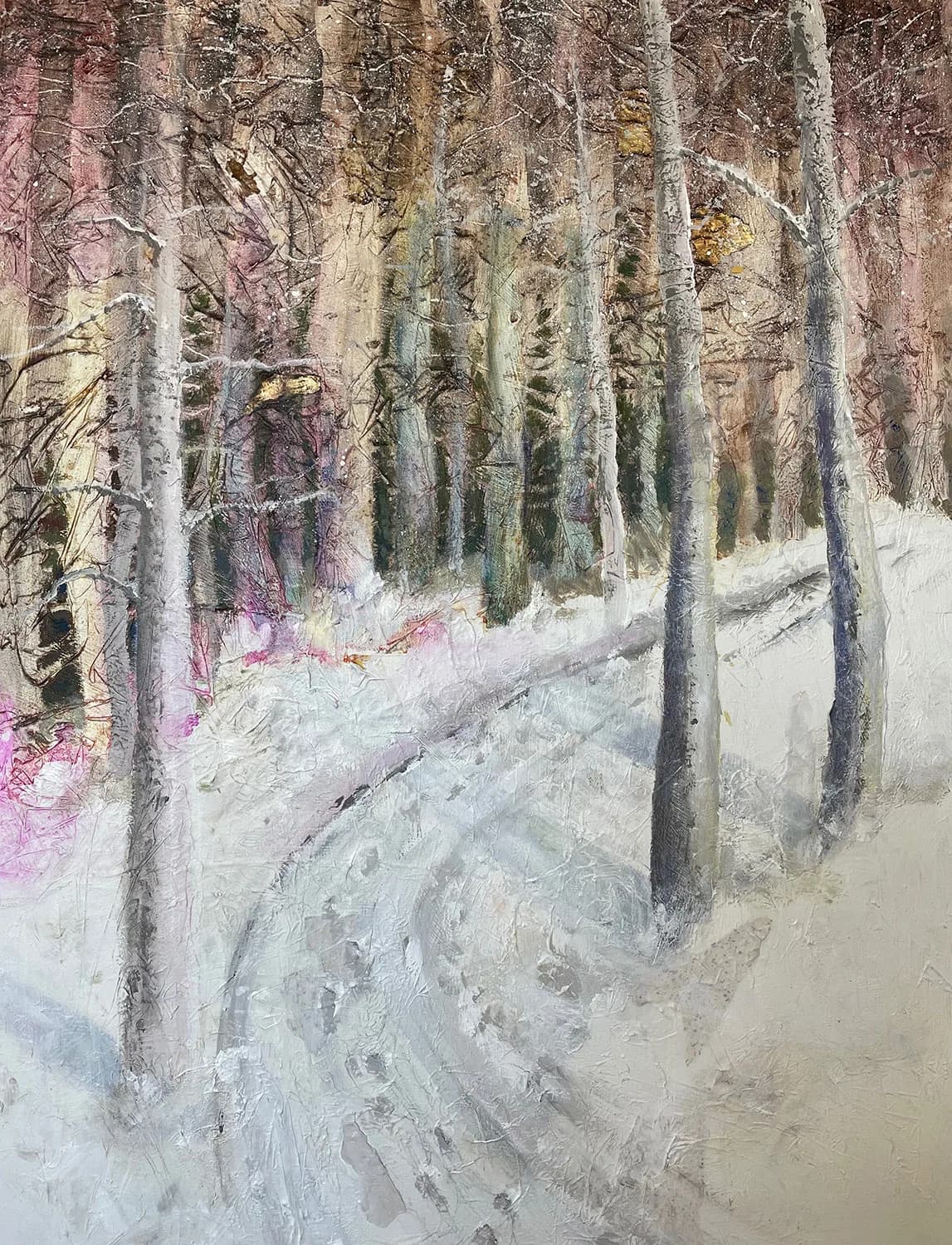 An impressionistic oil painting depicts a snow-covered forest path with textured brushwork and a palette of Cotton Seed, Iron, and Dawn.