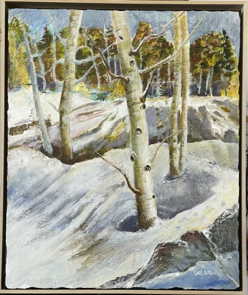 An impressionistic oil painting depicts snow-covered ground with aspen trees in a winter forest landscape.