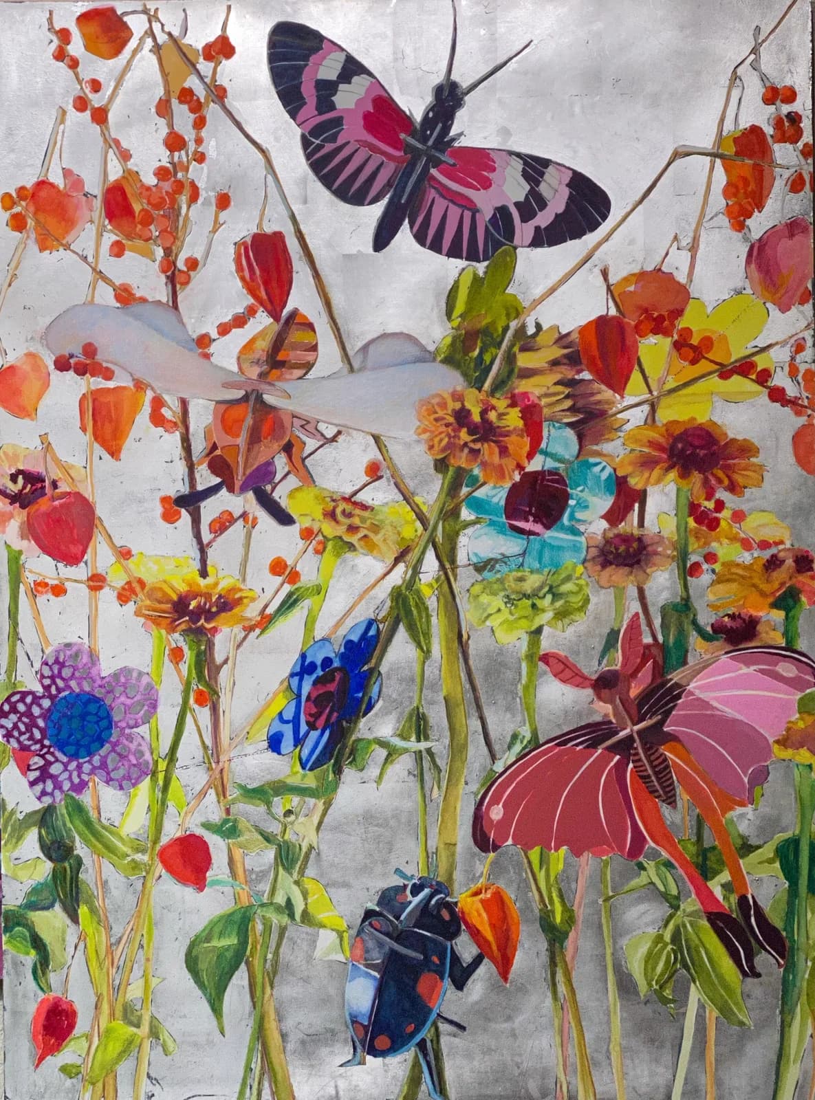 A mixed media artwork on paper features vibrant butterflies and insects among colorful flowers and foliage against a silver background.