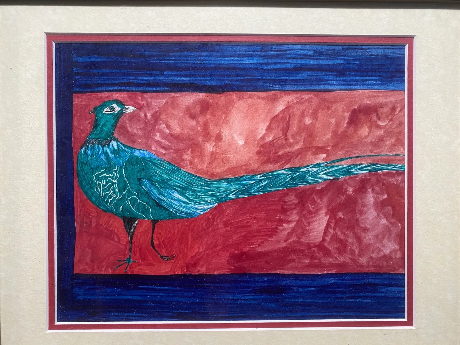 Pheasant Walking, pen, ink, tempera on paper, "? by Ginger Knowlton