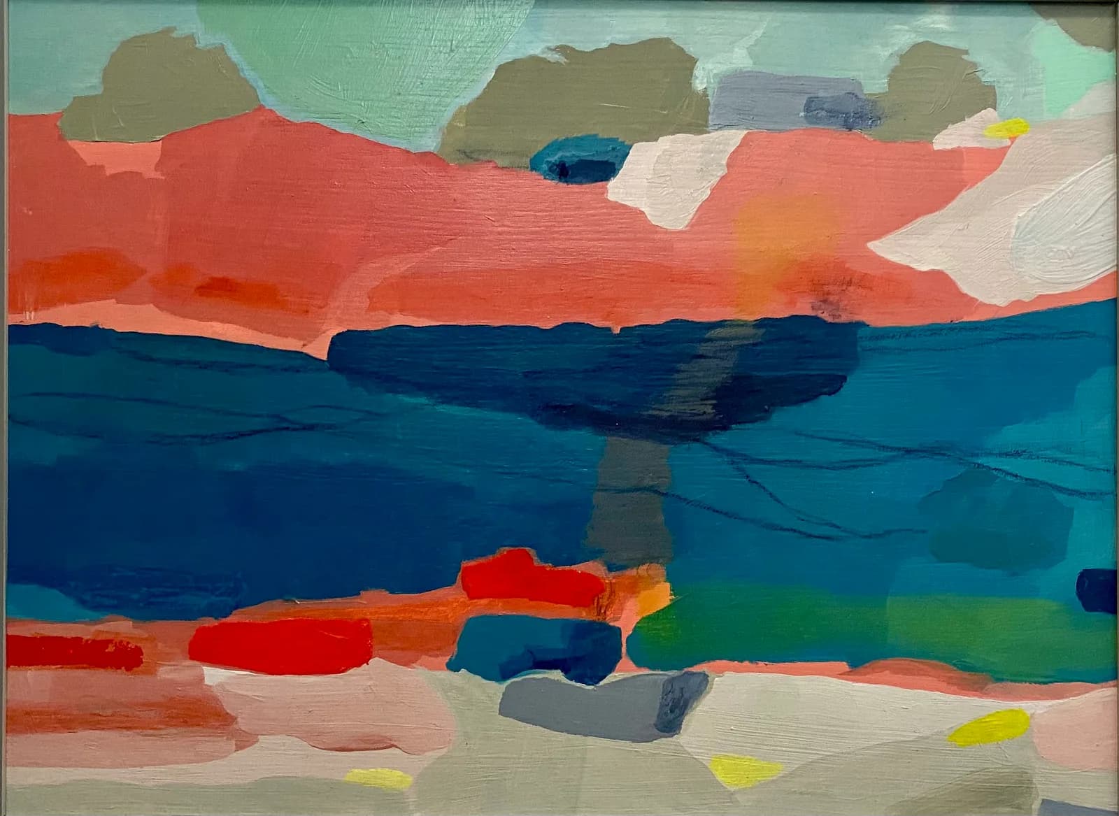 An abstract landscape painting in oil and acrylic features bold blocks of color depicting mountains, water, and sky.