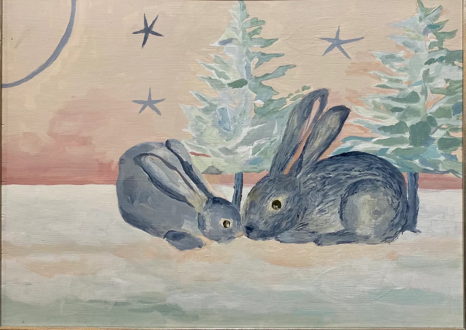 Bunny Kiss in the Forest, for W, acrylic on wood, "? by Ginger Knowlton