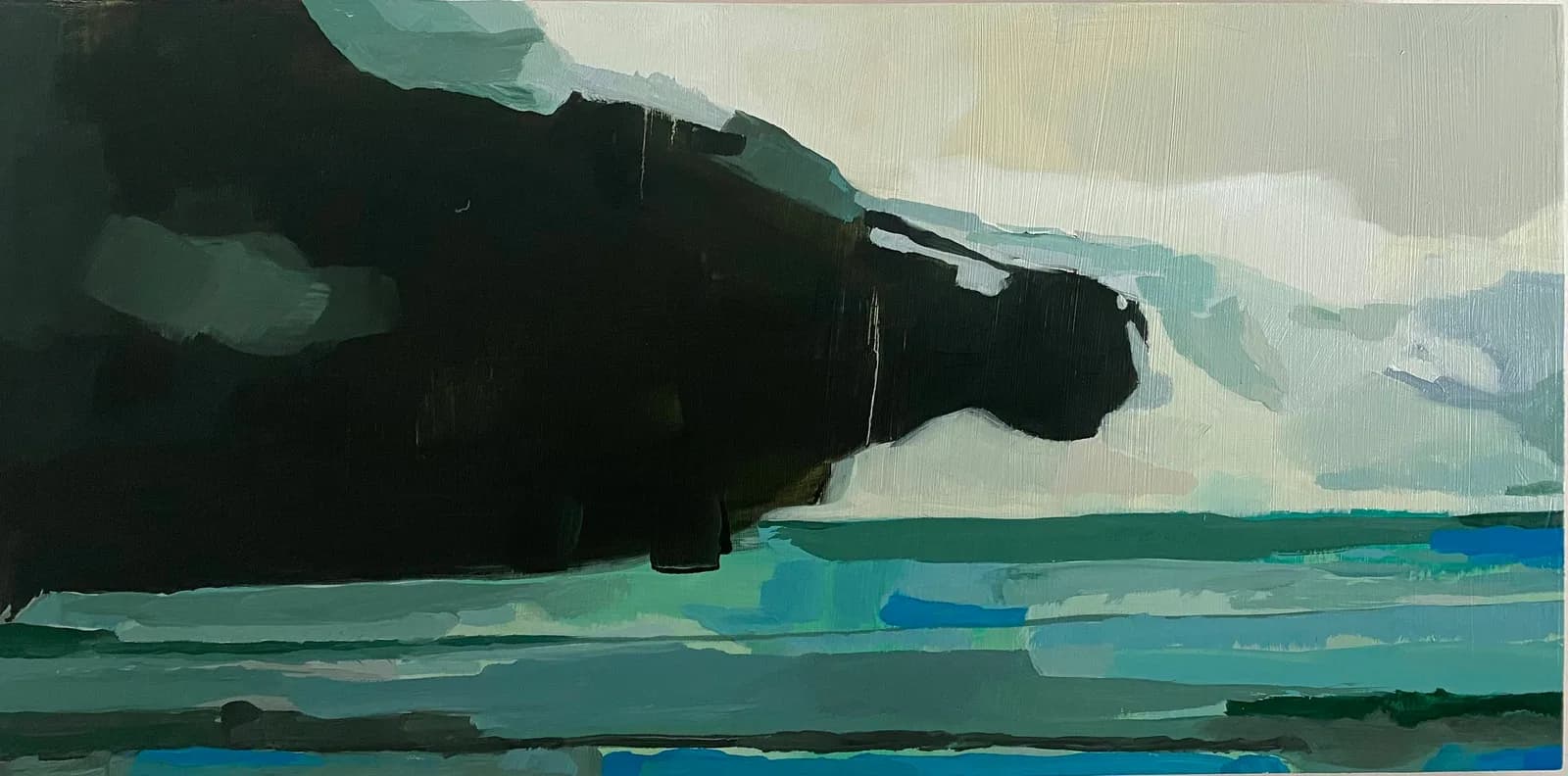 An abstract oil painting depicts a dark mountain range against a pale sky, with bands of blue and green water below.
