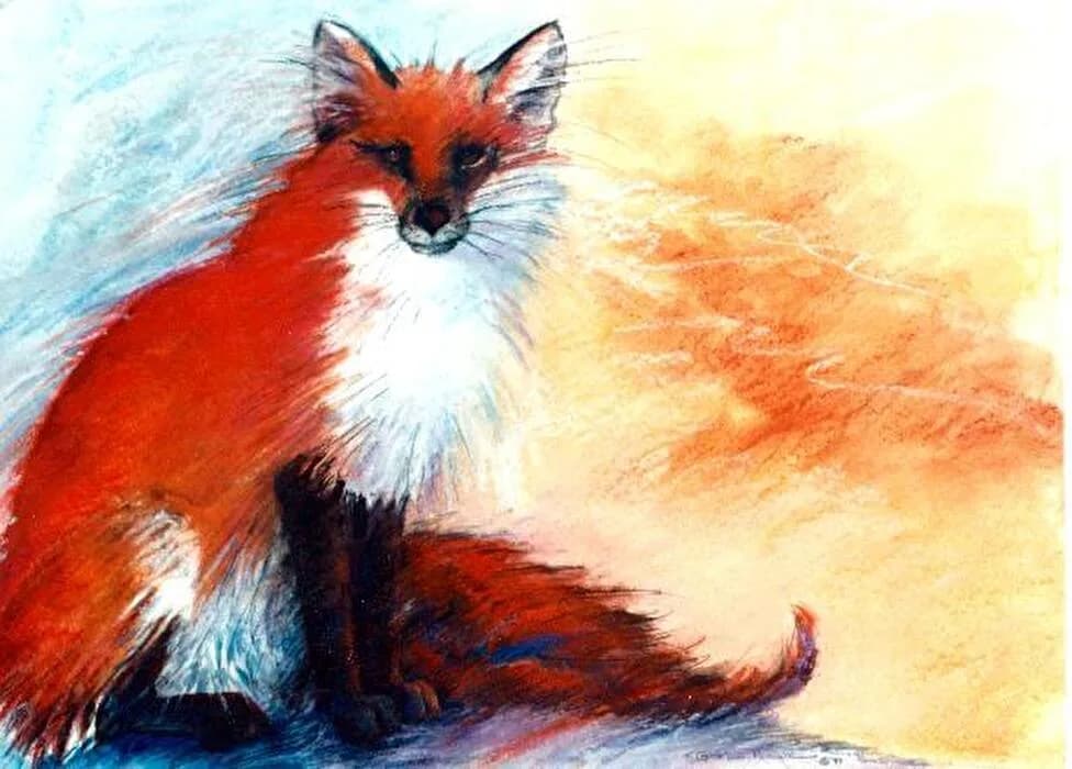 An expressive pastel drawing of a red fox in winter, with a white and orange background.