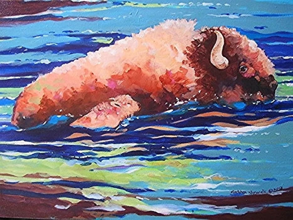 An expressionistic oil painting depicts a bison swimming in blue and green waters.