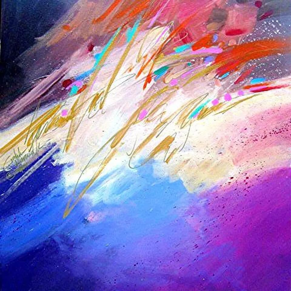An abstract expressionist painting in Oil & Acrylic features energetic brushstrokes in shades of purple, pink, and orange.