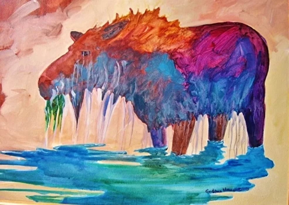 An expressive oil painting depicts a colorful moose standing in water, rendered in vibrant hues of red, purple, and blue.