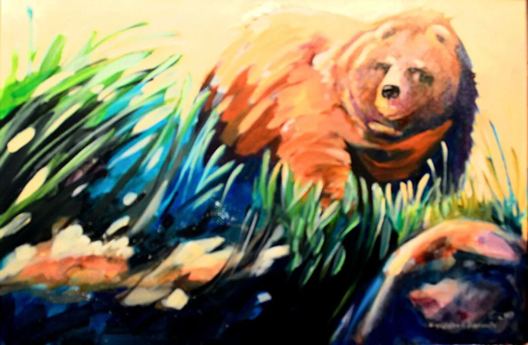 An expressive oil painting depicts a grizzly bear emerging from tall grass with bold brushstrokes and a warm palette.