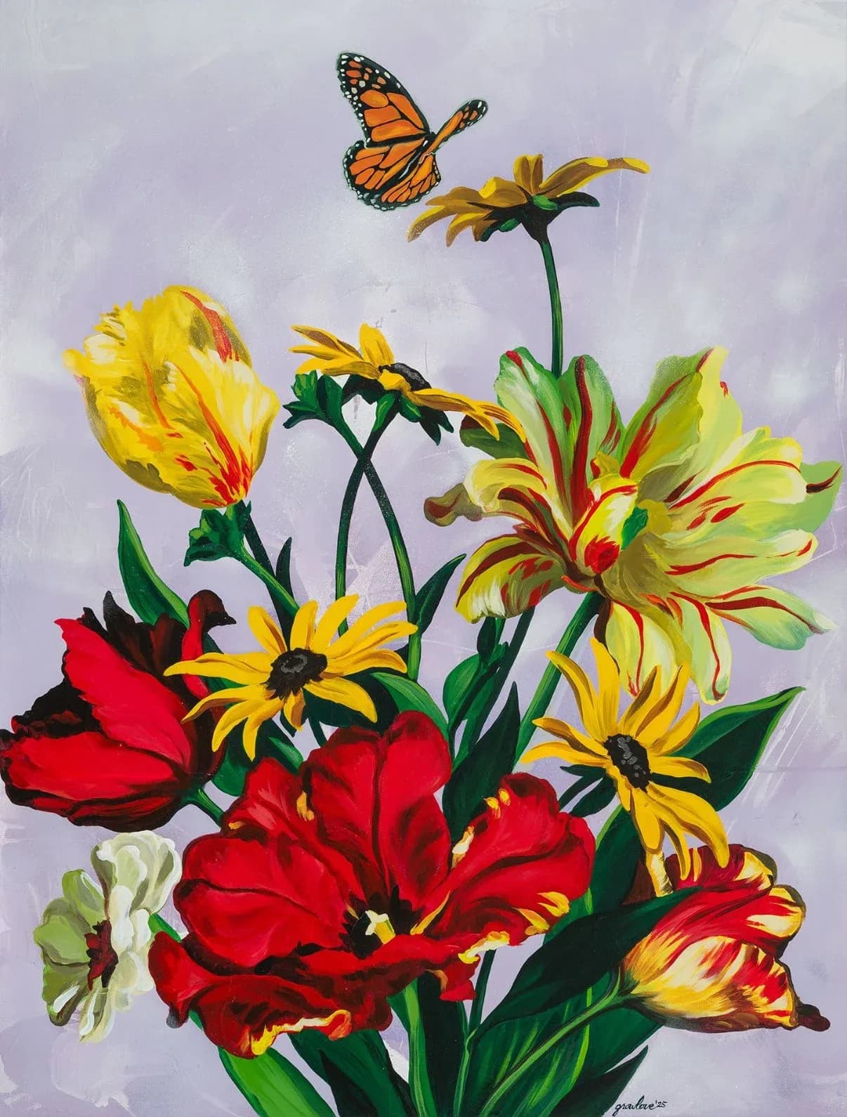 A vibrant bouquet of red and yellow tulips and black-eyed susans is visited by a monarch butterfly, rendered in oil.