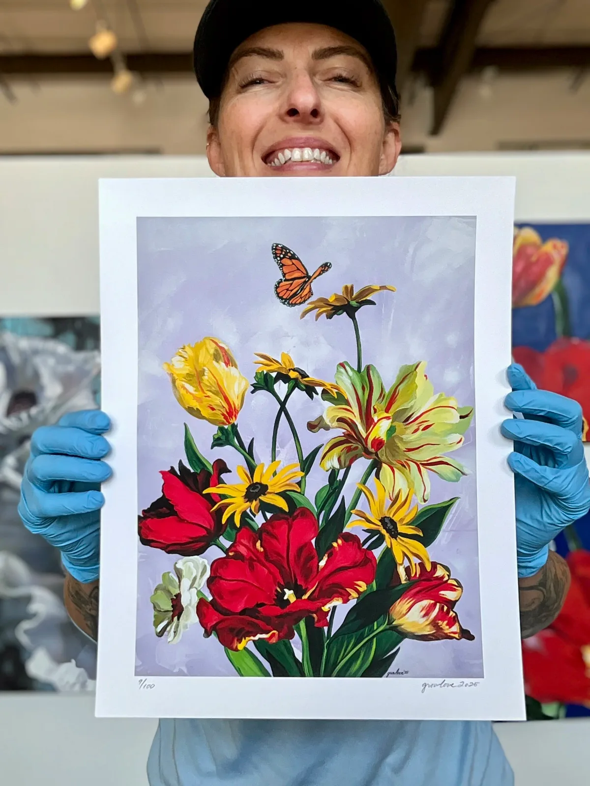 A monarch butterfly hovers over a vibrant bouquet of tulips and daisies, rendered in oil and acrylic.