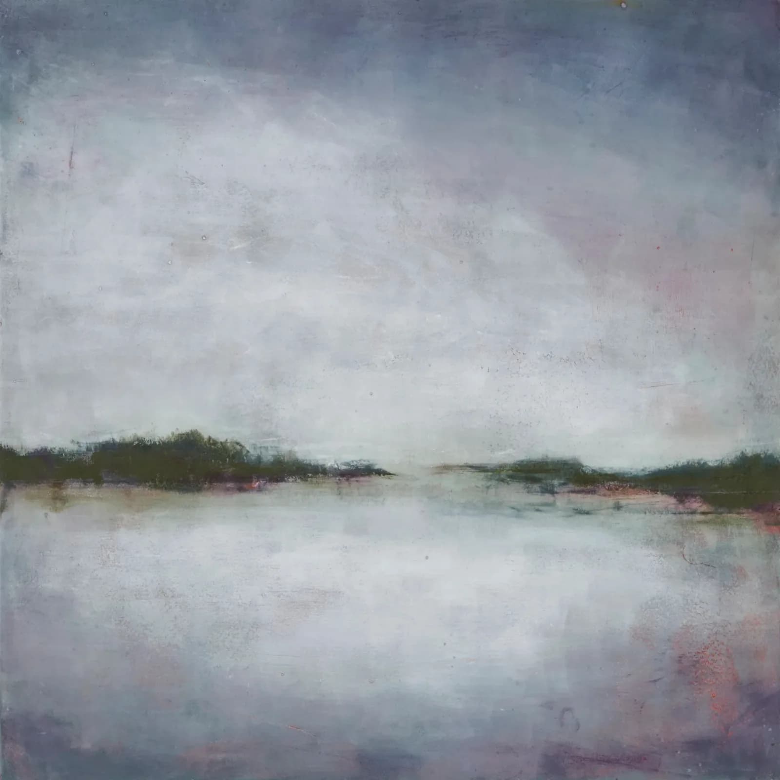 An abstract landscape painting in muted tones of gray and purple, featuring a hazy horizon over water.