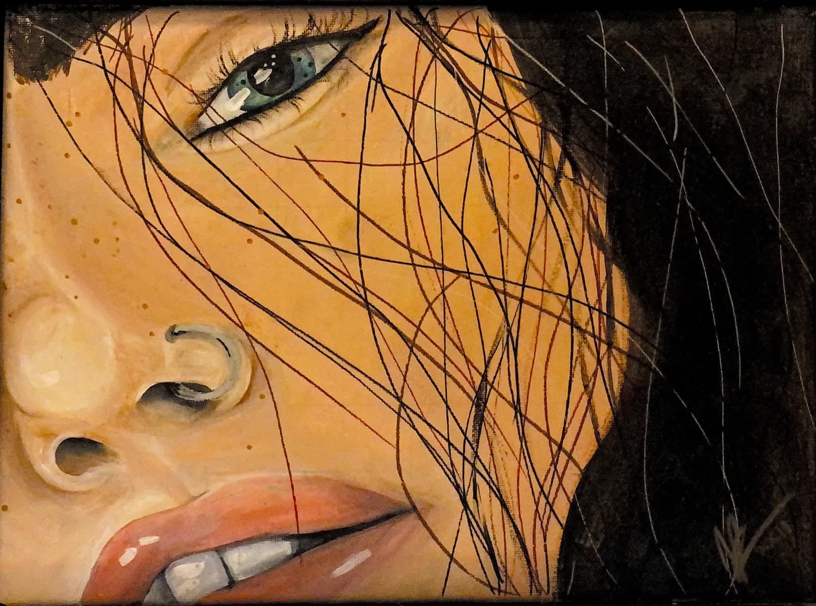 A close-up portrait painting of a face with striking blue eyes, parted lips, and dark strands of hair obscuring the features.