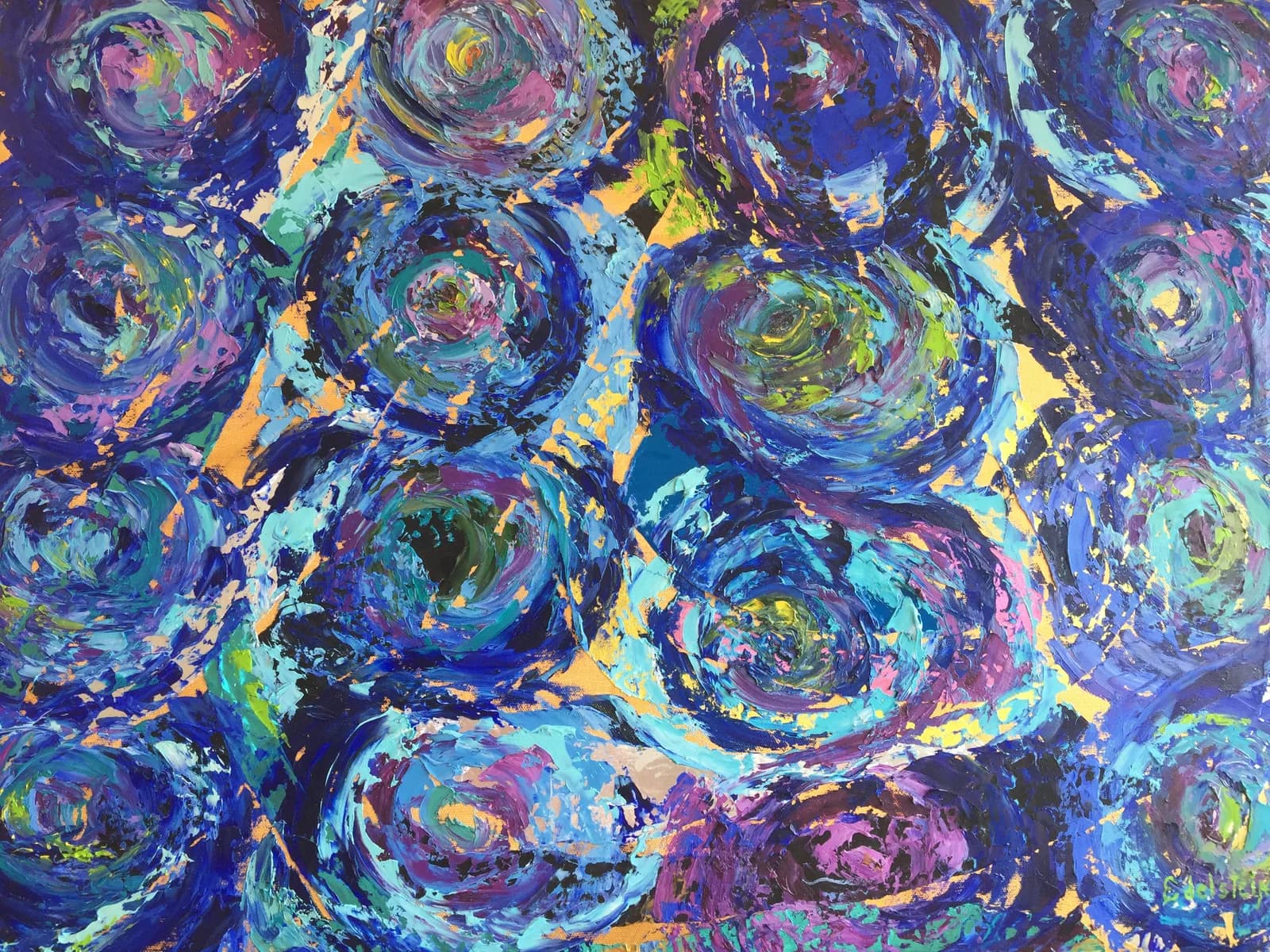 An abstract oil and acrylic painting features swirling forms in shades of blue, purple, and gold.