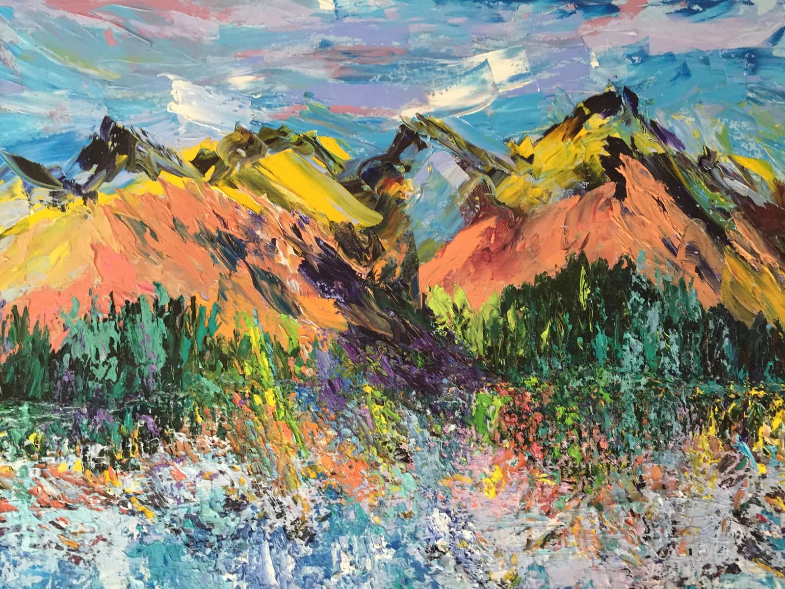 An impressionistic oil painting depicts the Flatirons mountains with thick impasto brushstrokes in vibrant hues of copperfield and gull gray.