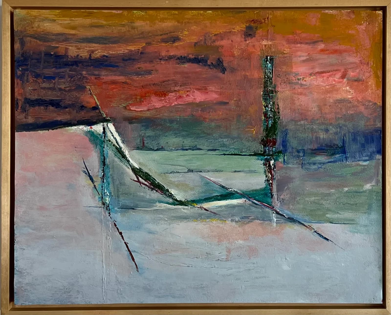 An abstract landscape painting in oil and acrylic features a dramatic sky and textured brushwork.