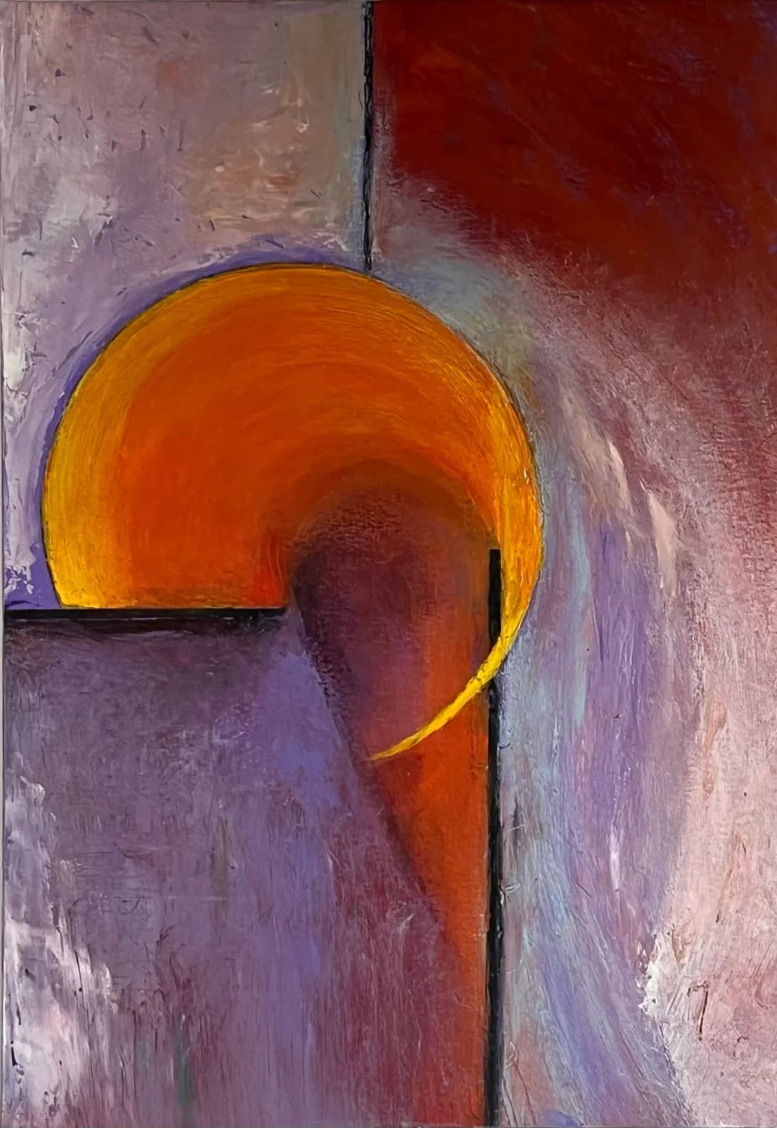 An abstract oil painting features a dominant orange semi-circle against a background of purple and red hues.