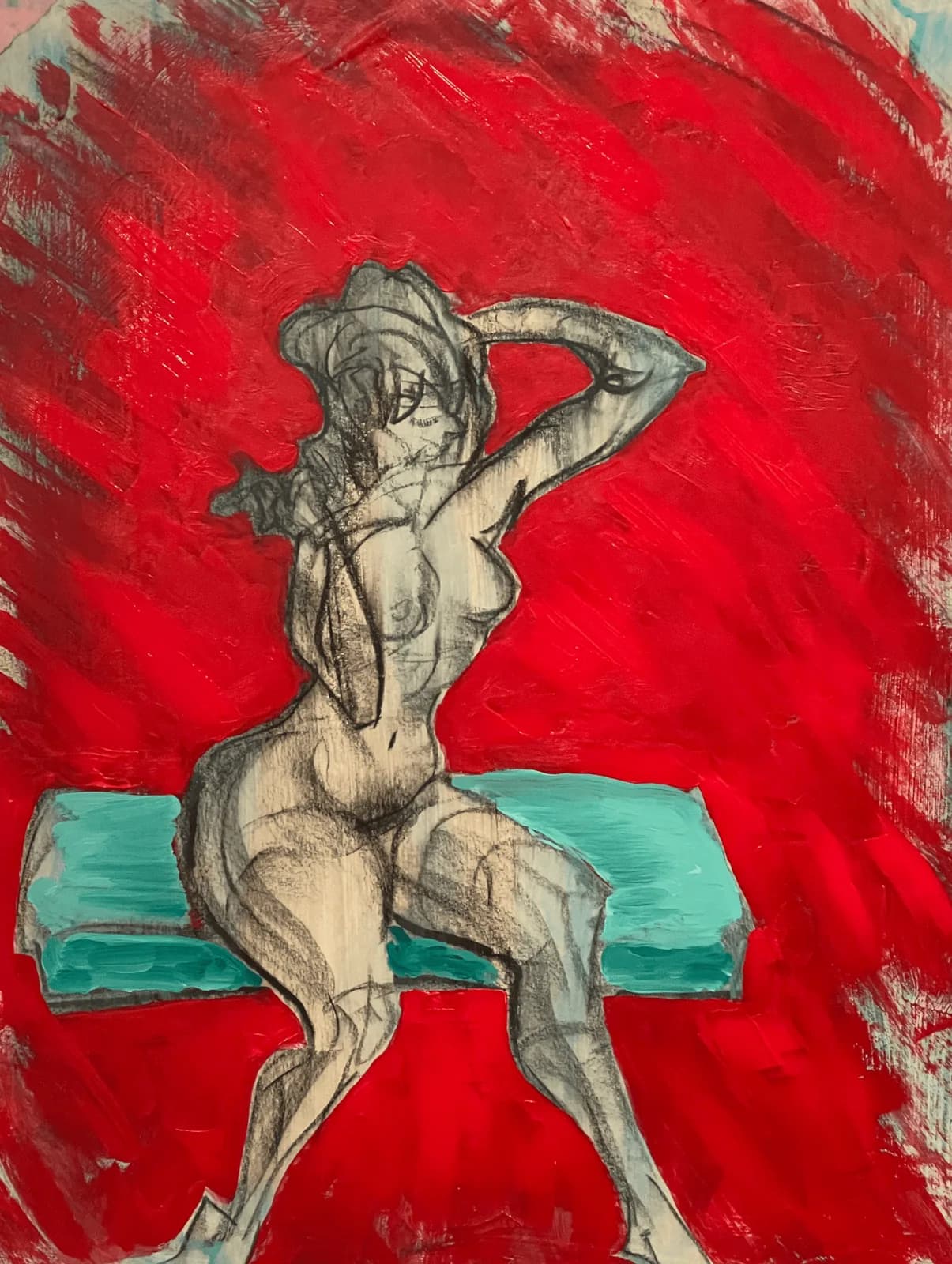 An expressive painting of a seated figure in shades of grey and blue against a vibrant red background.