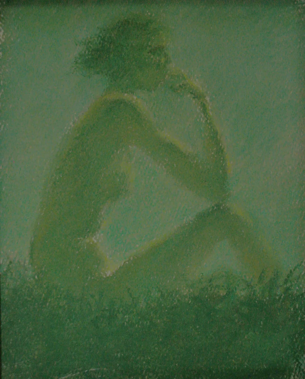 A figure in contemplation rendered in pastel with a dominant green palette.