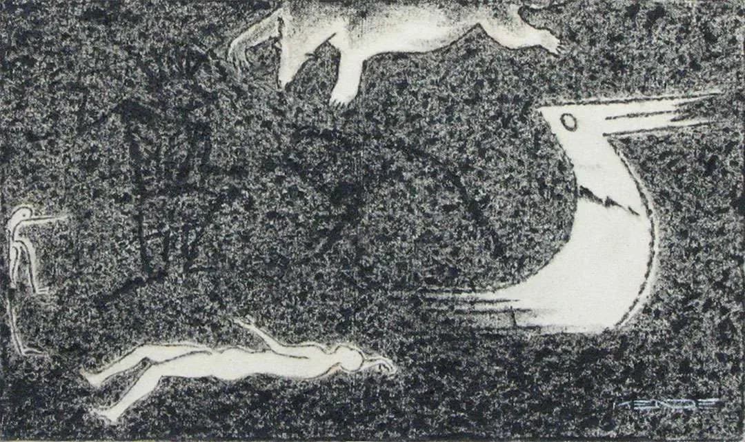 An abstract printmaking work depicts stylized figures and animals in a dynamic composition with a dark, textured background.