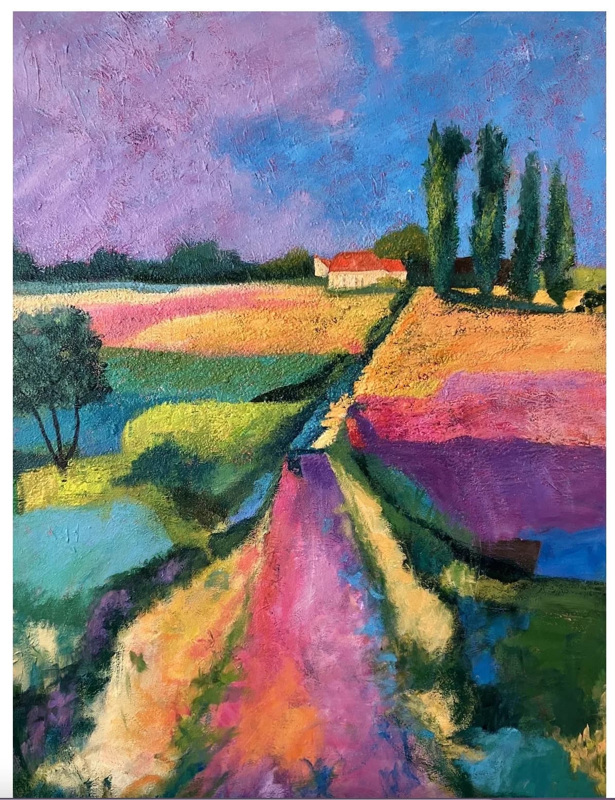 An impressionistic oil painting depicts a vibrant countryside landscape with a farmhouse and colorful fields.