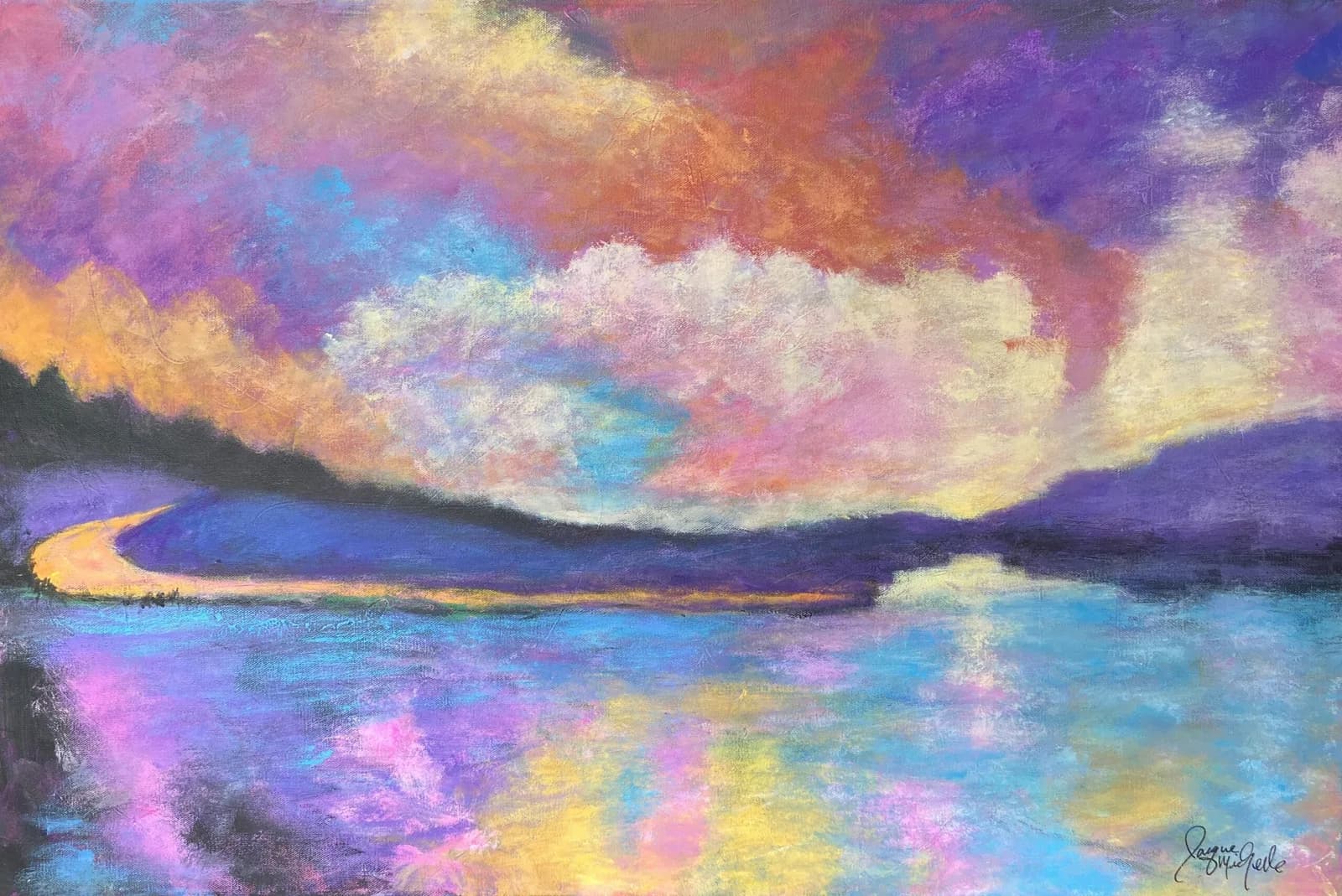 An impressionistic landscape painting in pastel depicts colorful clouds over water with reflections and a winding road.