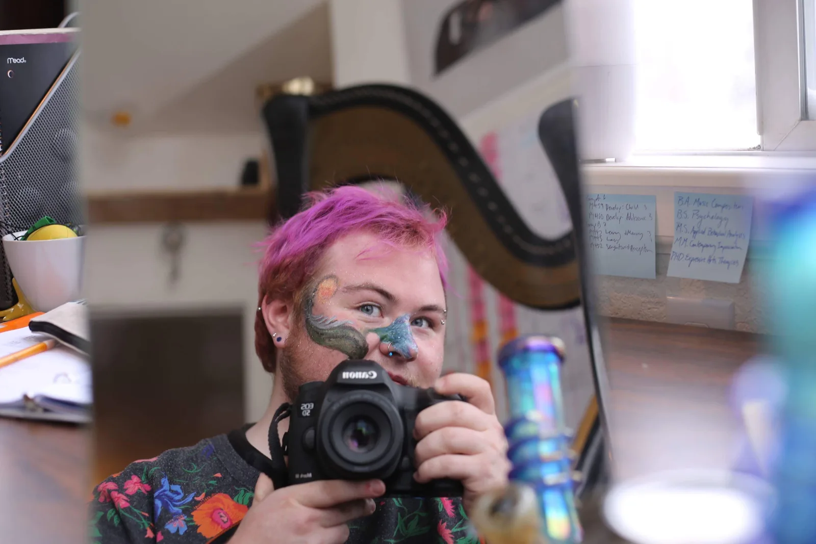 A photographer with pink hair and face paint holds a camera, reflected in a mirror.
