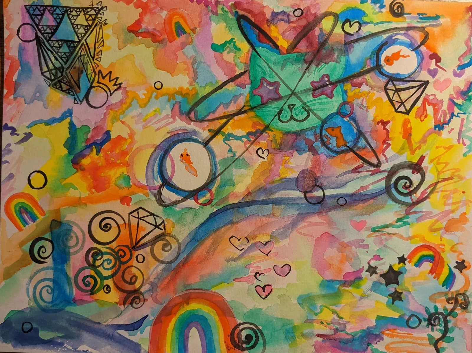 An abstract watercolor painting features a whimsical composition with geometric shapes, hearts, and rainbows in a vibrant palette.