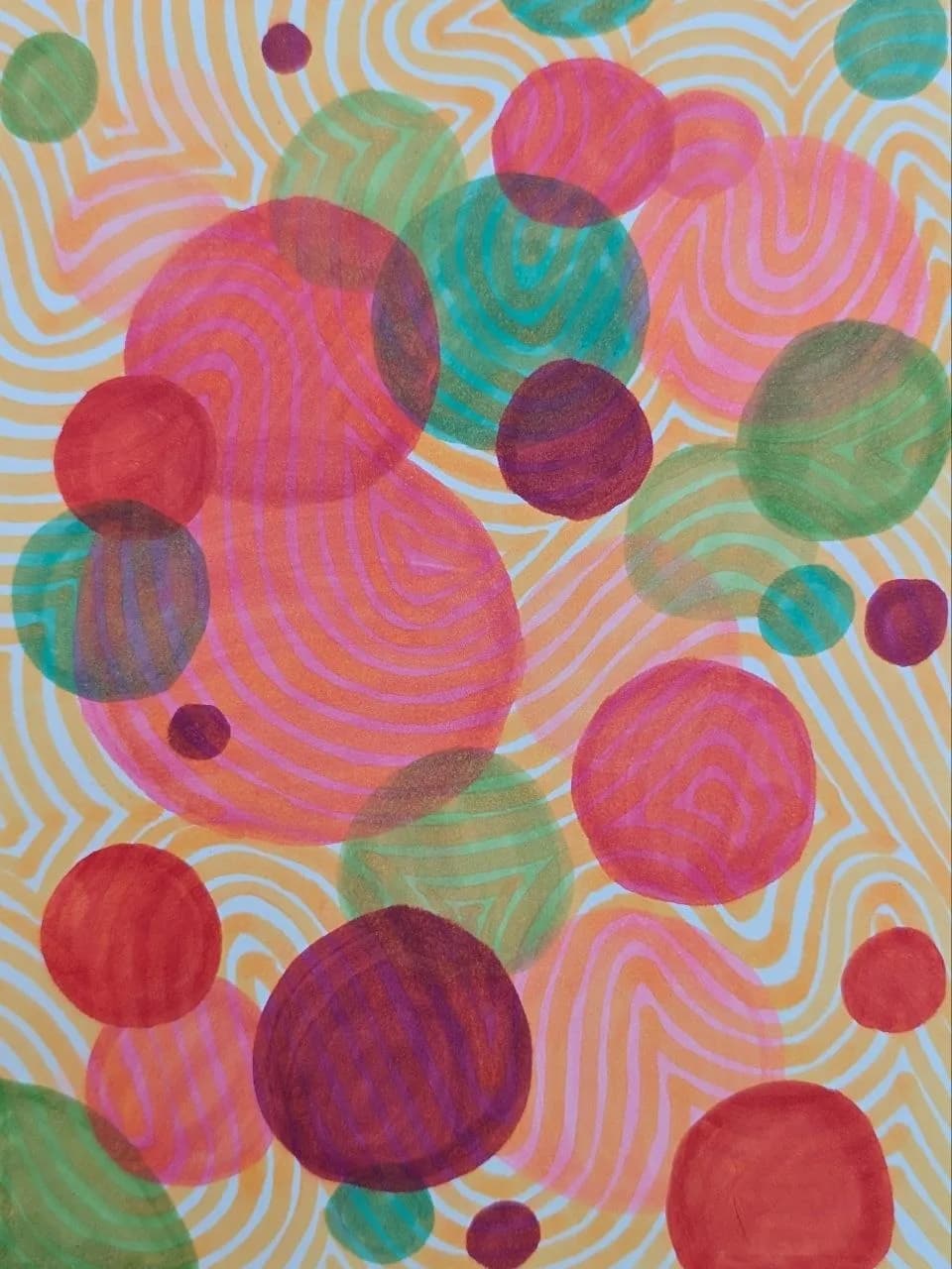 An abstract watercolor painting features overlapping circles in vibrant shades of red, pink, and green against a background of swirling orange and light blue lines.
