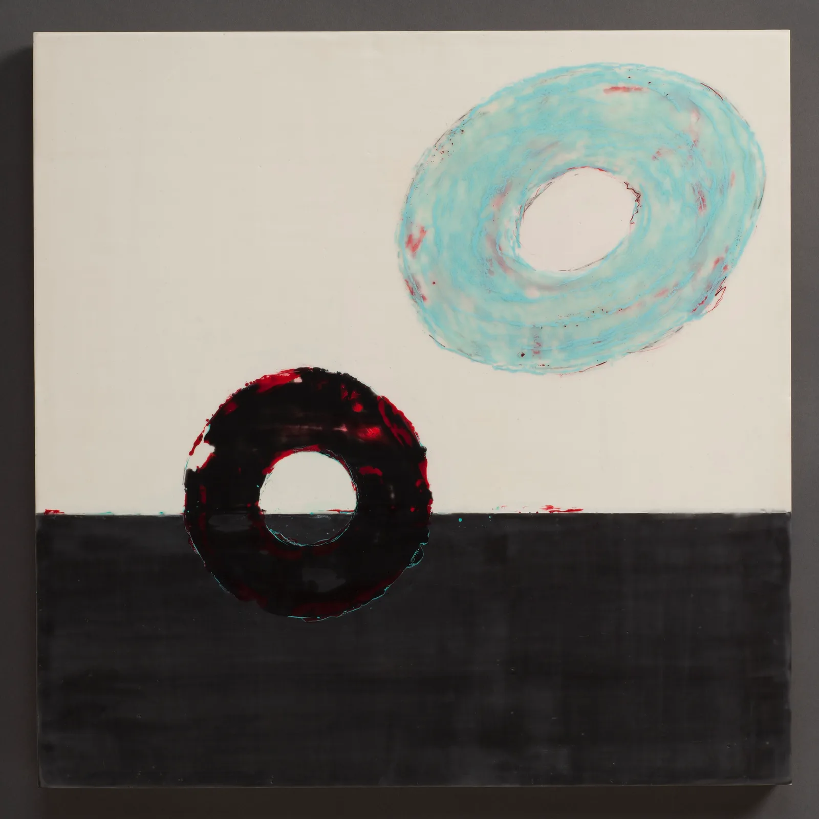 An abstract painting features two circular forms in Stiletto and Sisal against a Cab Sav and Shadow Green background.