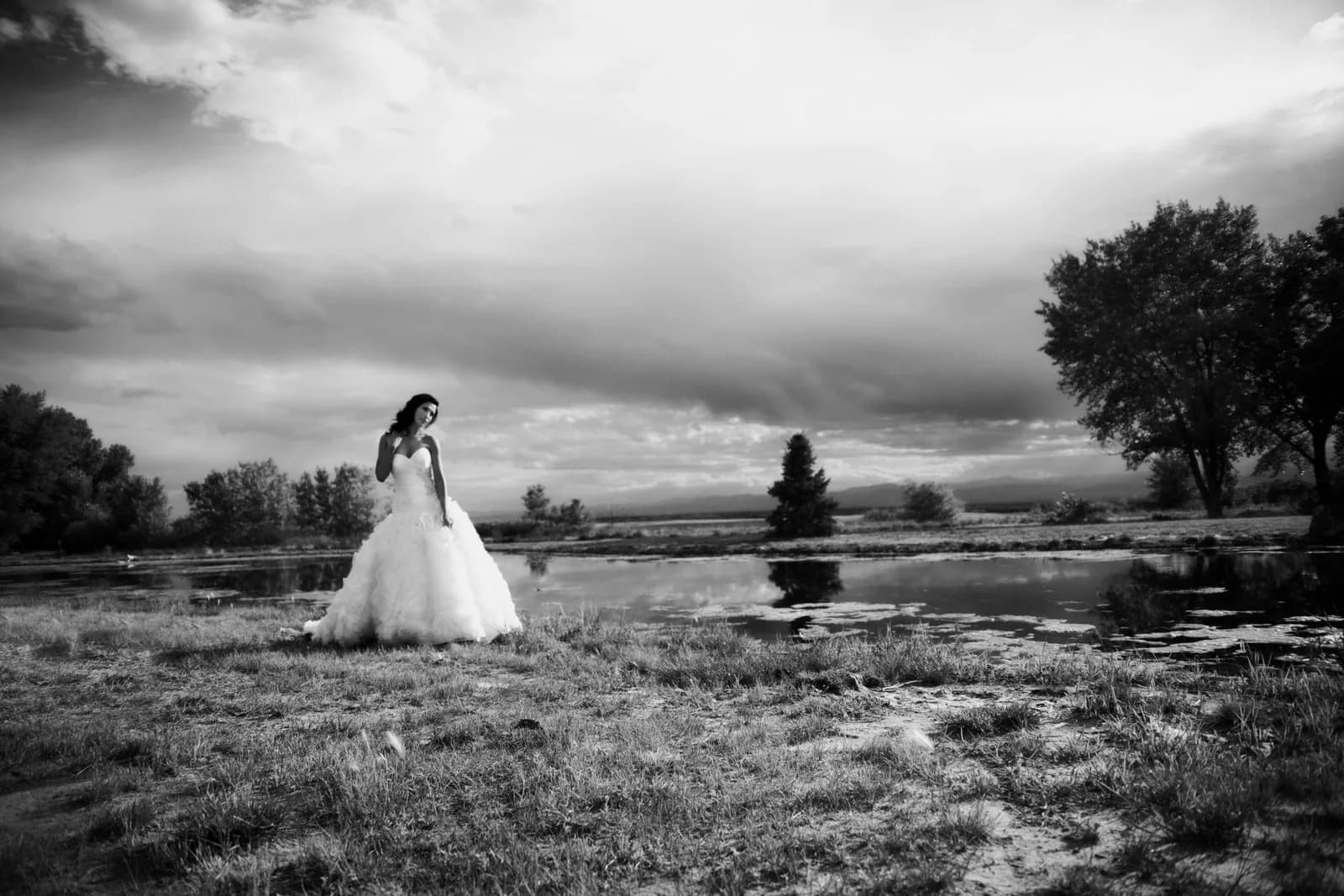 A bride in a flowing dress stands in a grassy field with a pond and stormy sky.