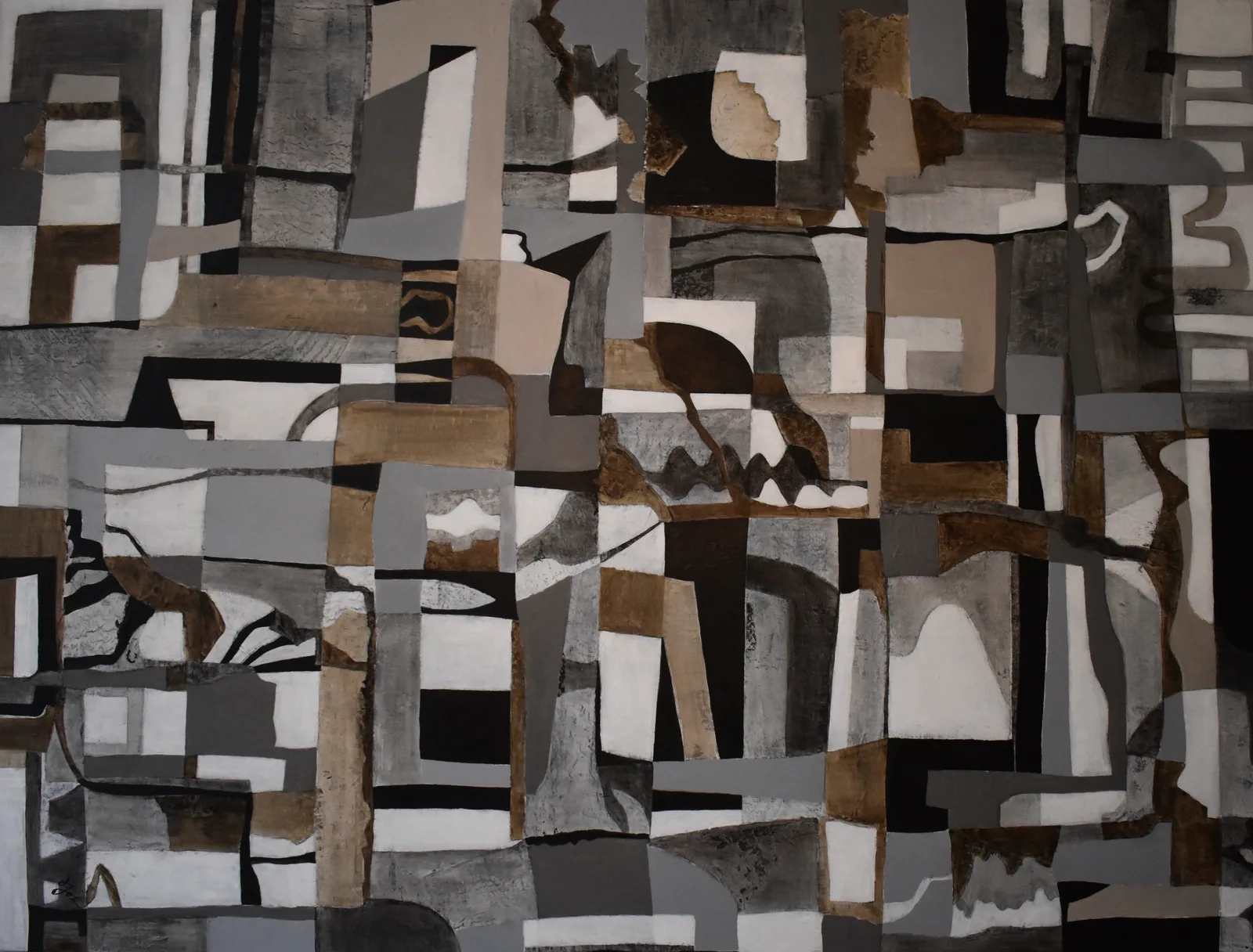 An abstract oil and acrylic painting features a complex geometric composition in shades of Dune, Fuscous Gray, and Armadillo.