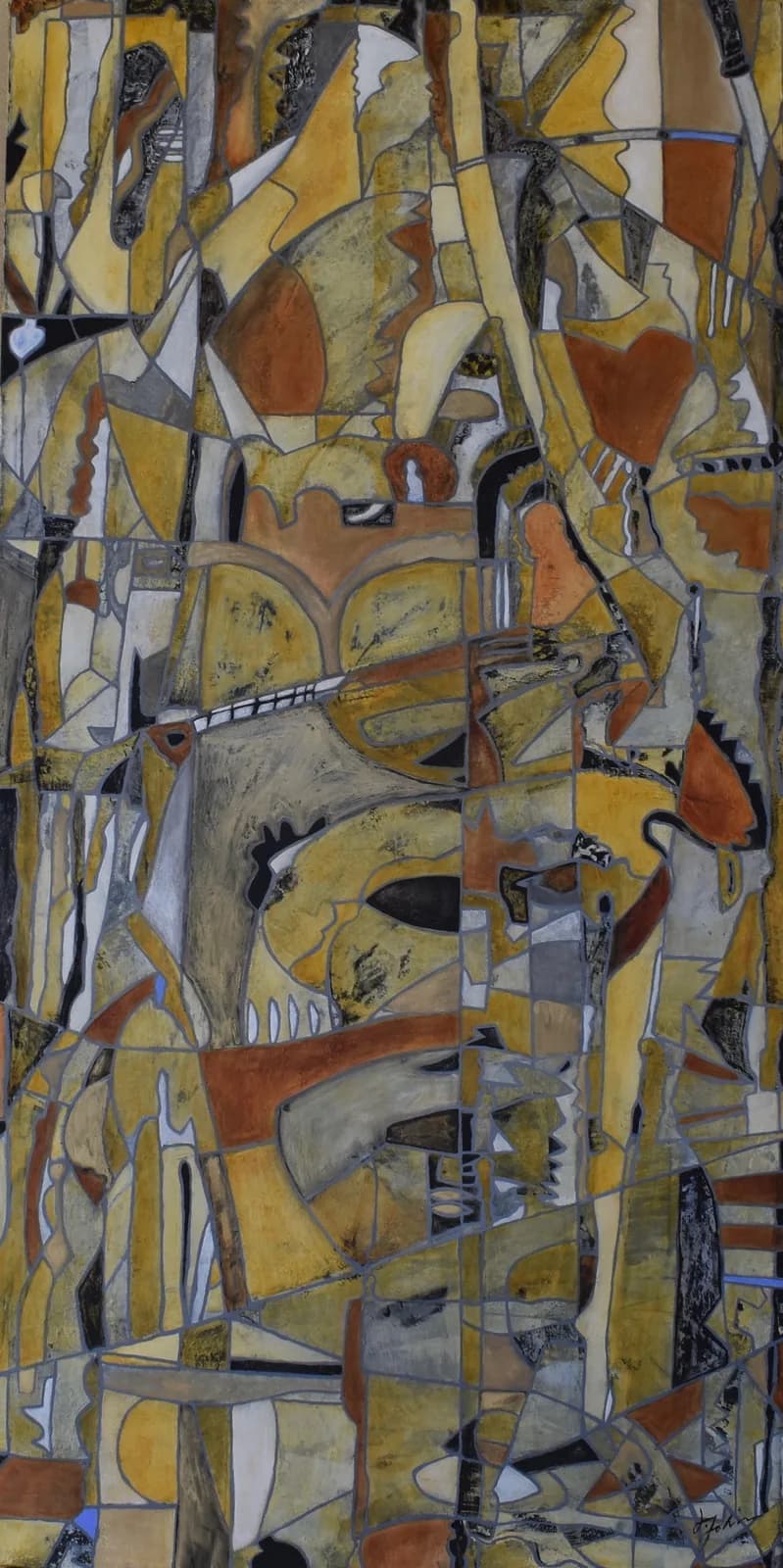 An abstract oil and acrylic painting features a complex geometric composition in earthy tones of Barley Corn, Spice, and Tobacco Brown.