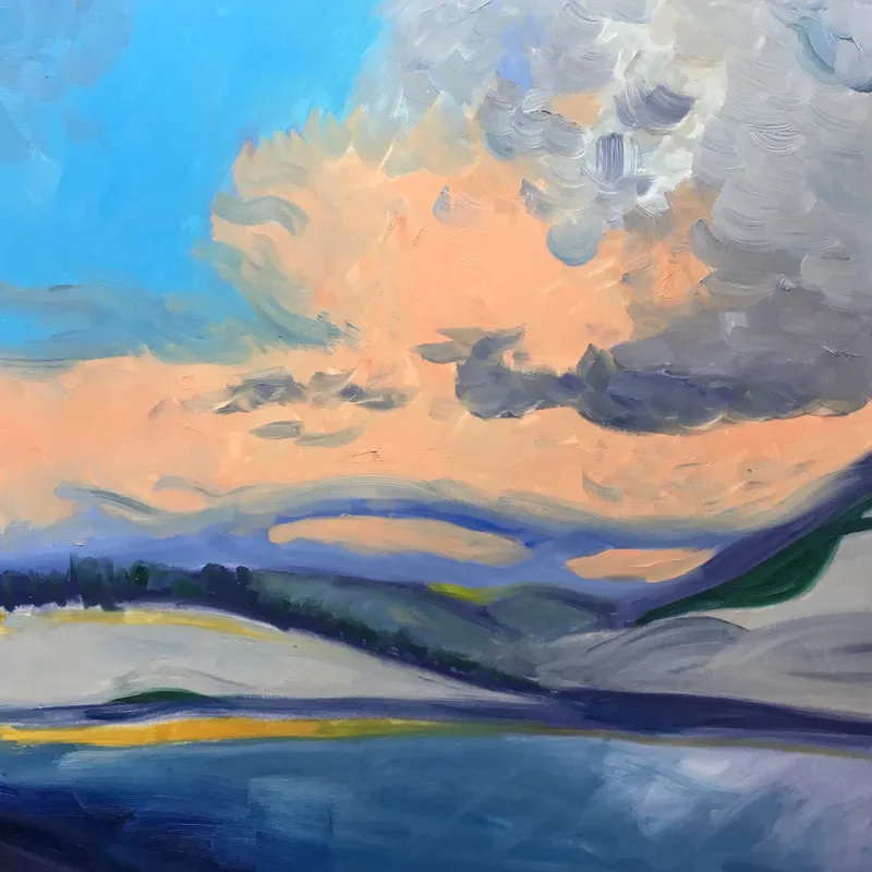 An impressionistic landscape painting depicts a body of water beneath rolling hills and a dramatic sky with peach and gray clouds.
