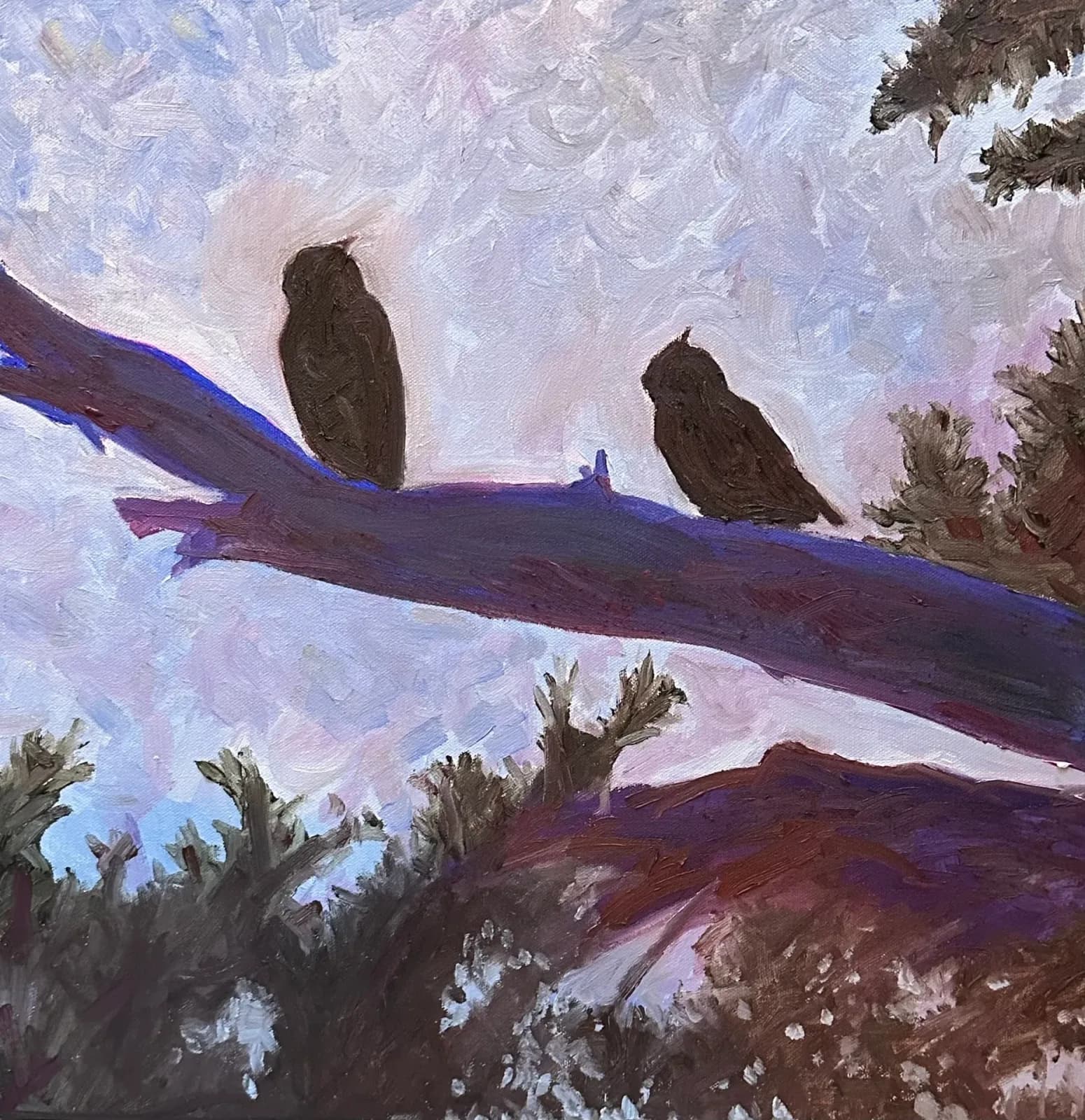 Two birds perch on a tree branch against a hazy sky, rendered in an impressionistic oil painting.
