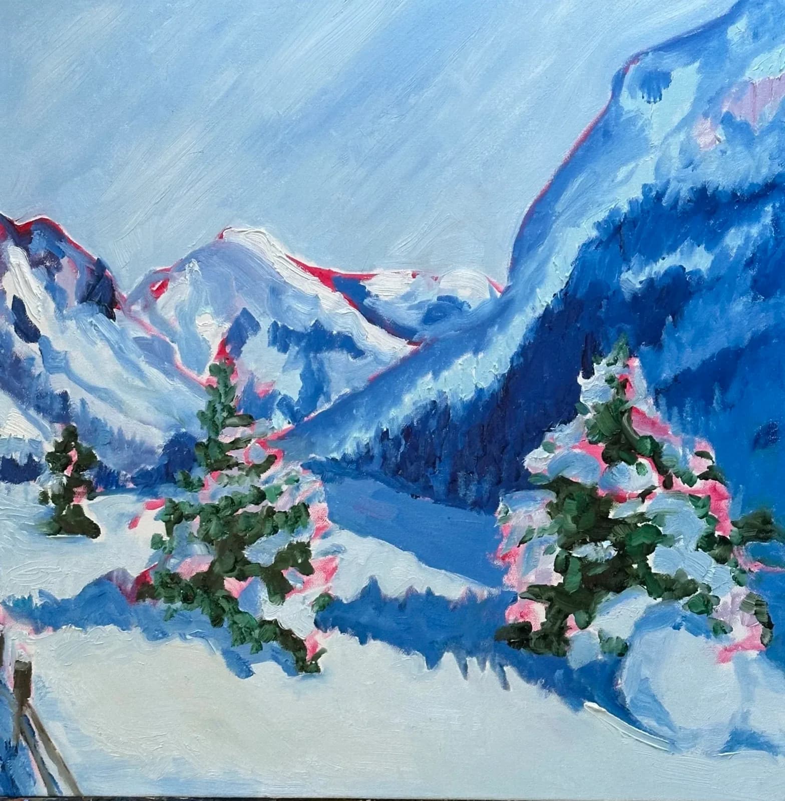 An impressionistic oil painting depicts a snowy mountain landscape with evergreen trees and a bright blue sky.