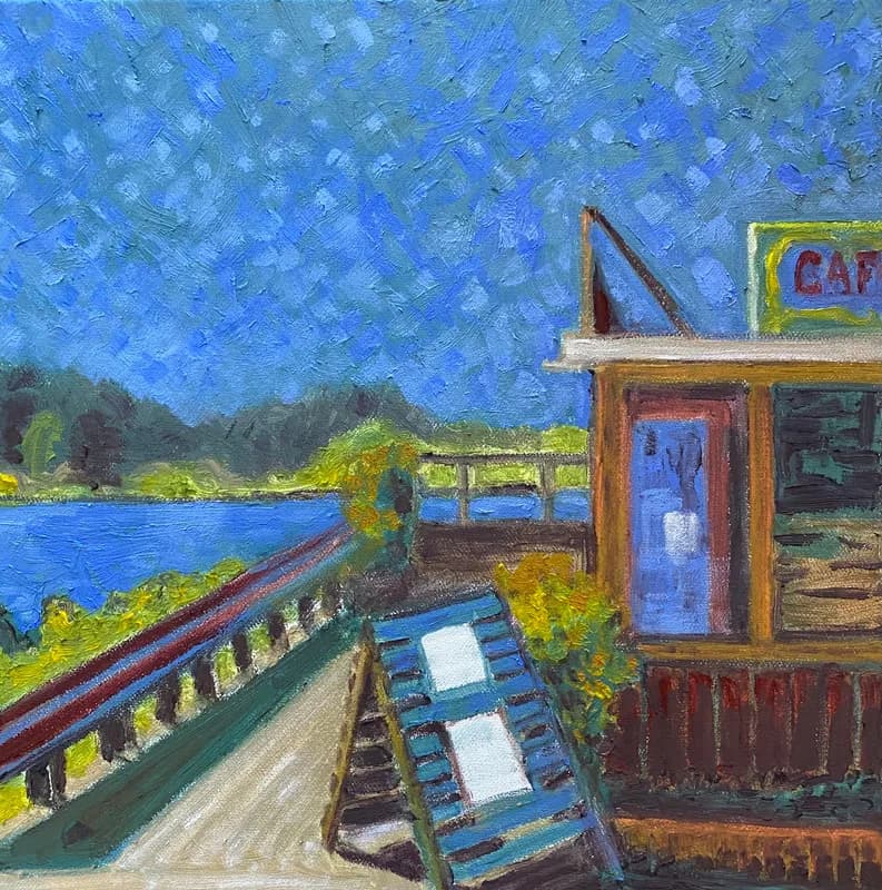 An impressionistic oil painting depicts a cafe by a lake under a textured blue sky.