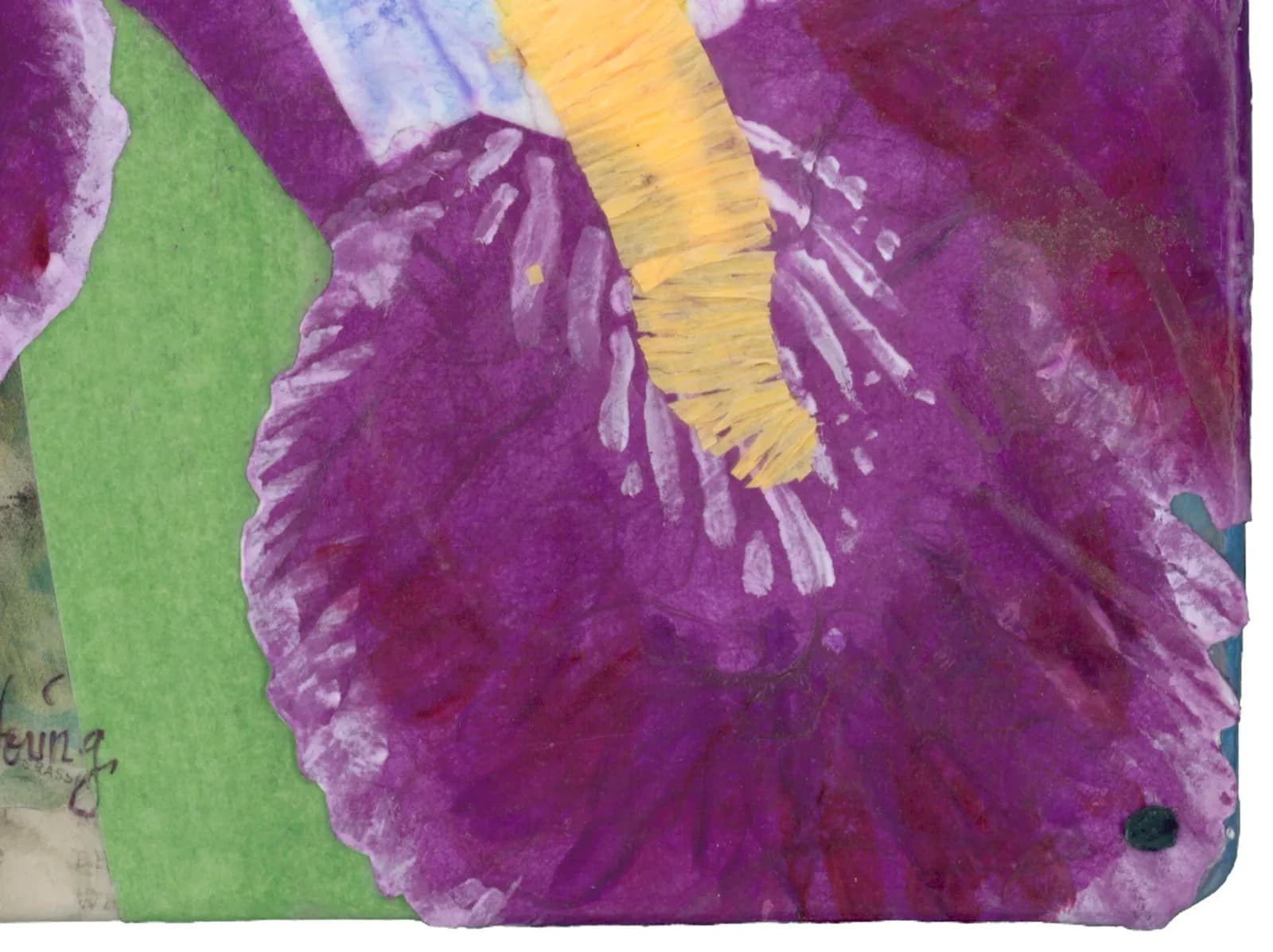 A mixed media artwork on paper features a vibrant purple iris with yellow accents and green foliage.