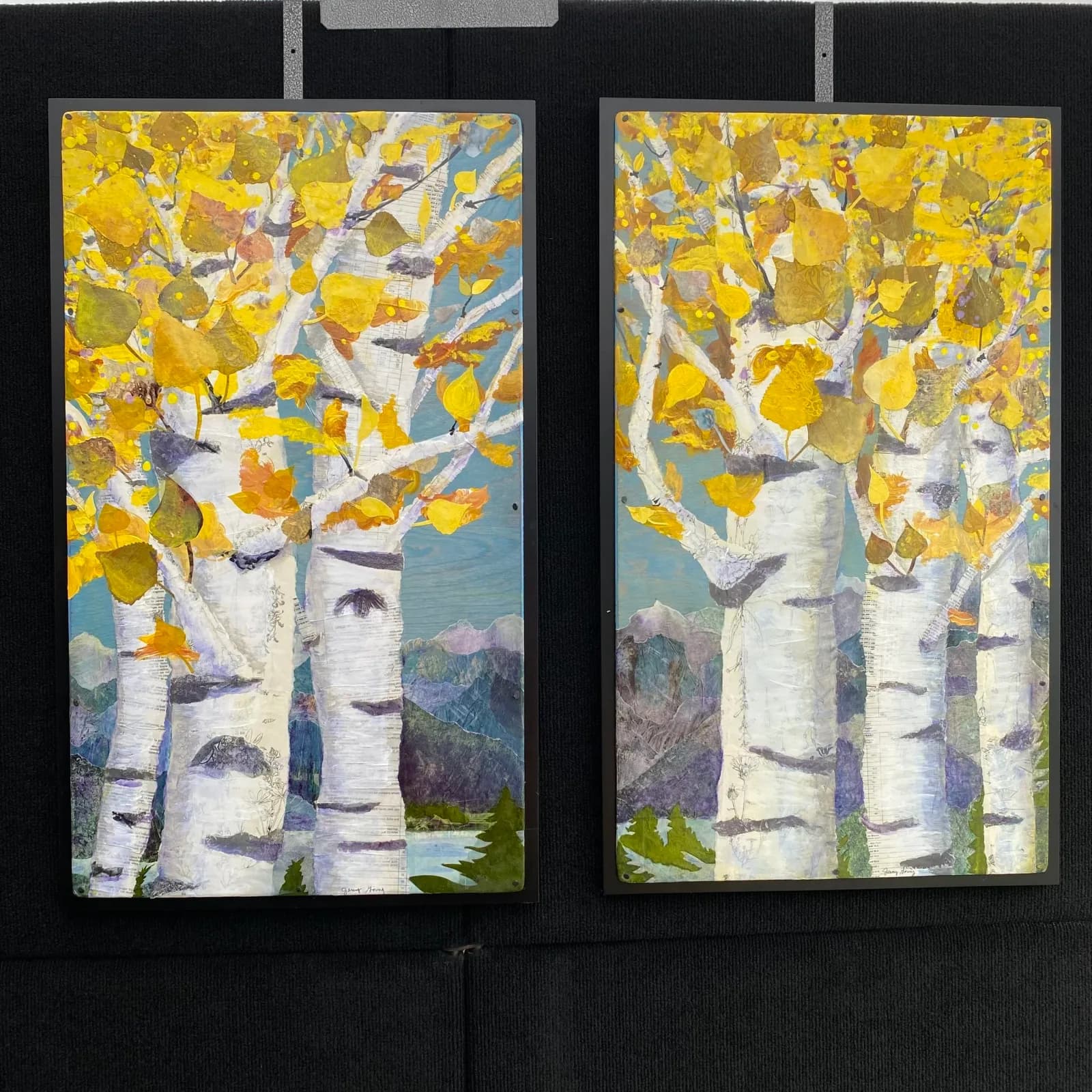 Two diptych panels feature vibrant autumn birch trees with yellow leaves, set against a backdrop of mountains and a lake.