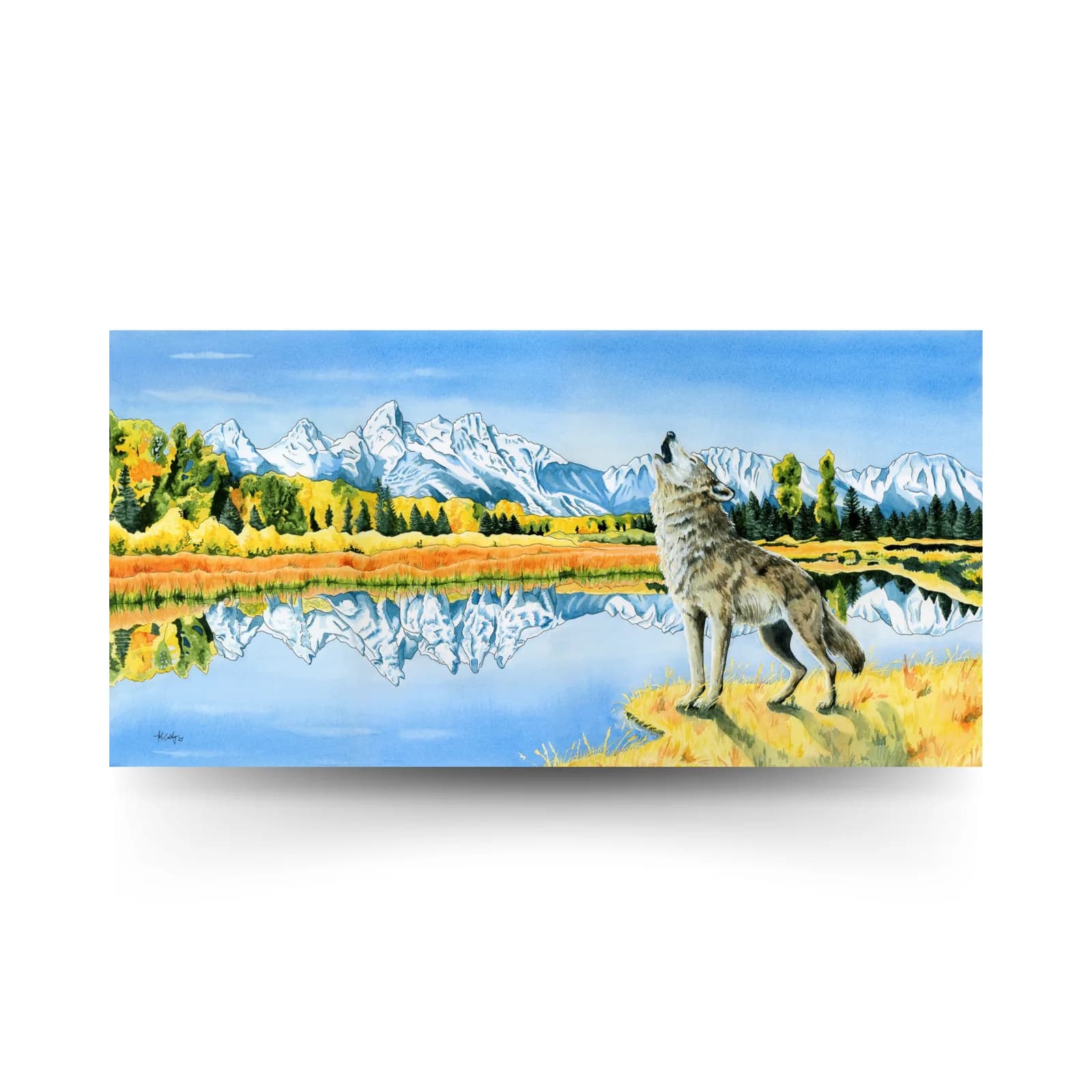 A watercolor painting depicts a wolf howling by a lake with snow-capped mountains in the background.