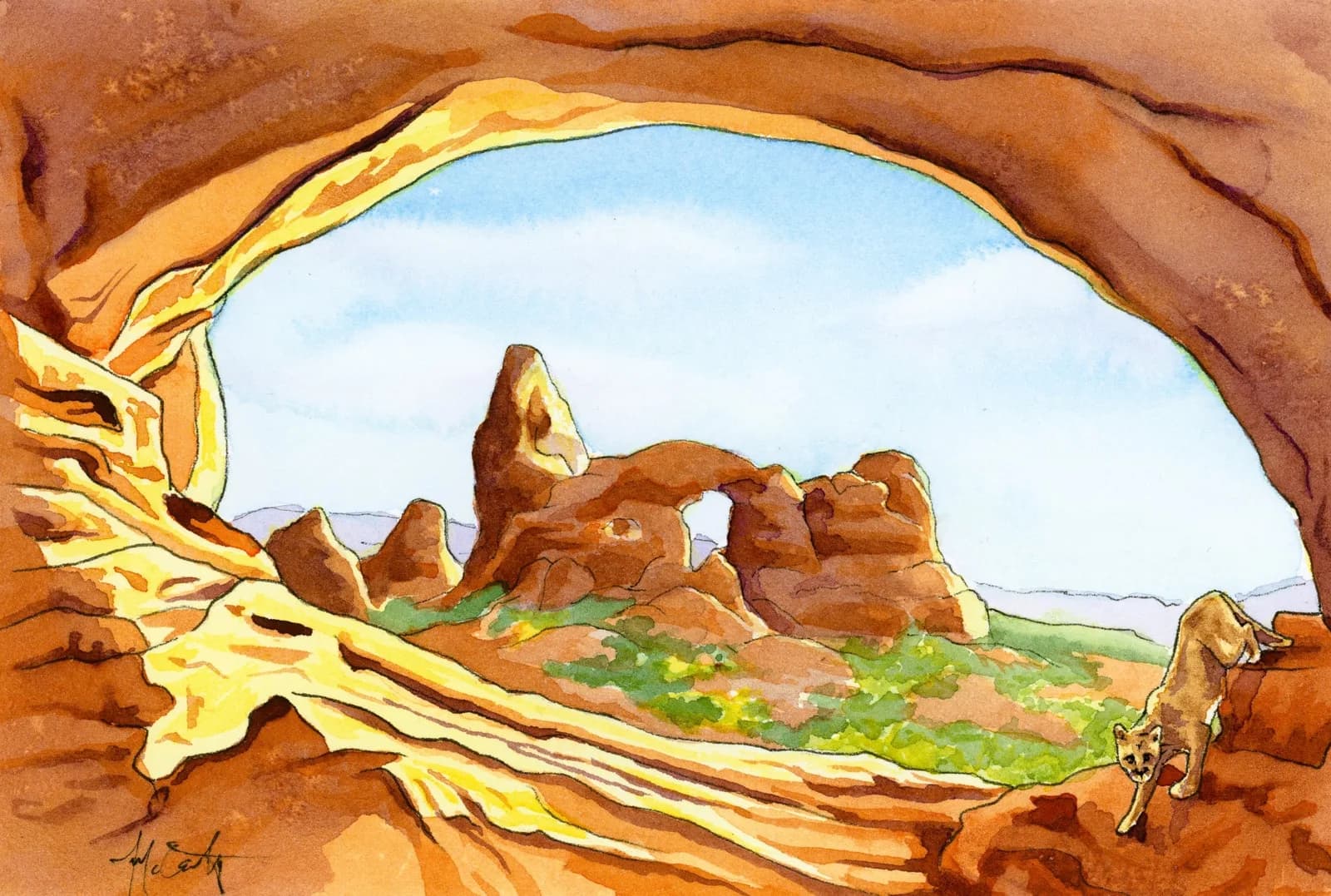 A watercolor painting depicts a natural arch and a cougar in a desert landscape under a bright sky.