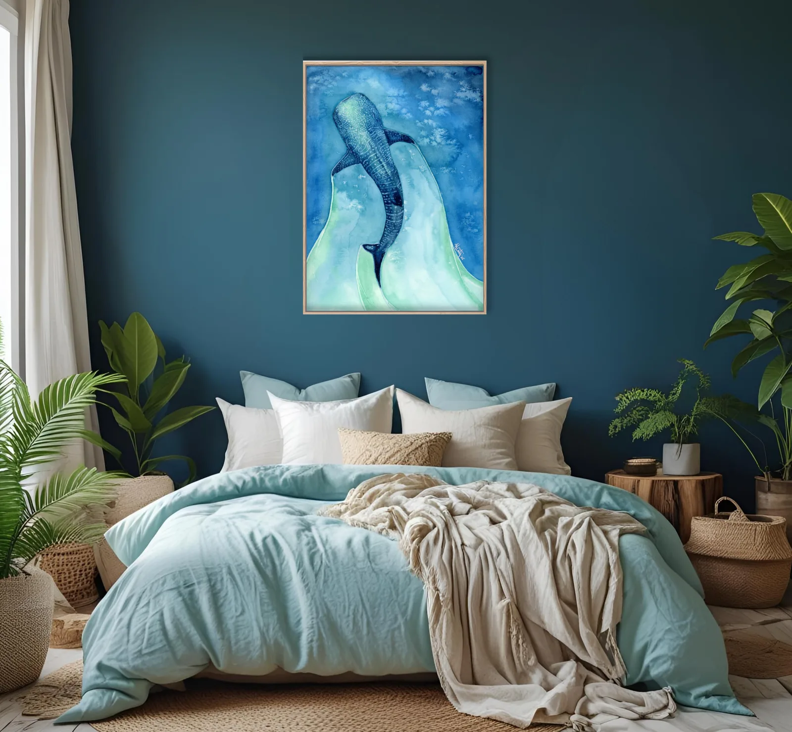A watercolor painting of a whale shark swimming through stylized waves hangs above a bed in a bedroom.