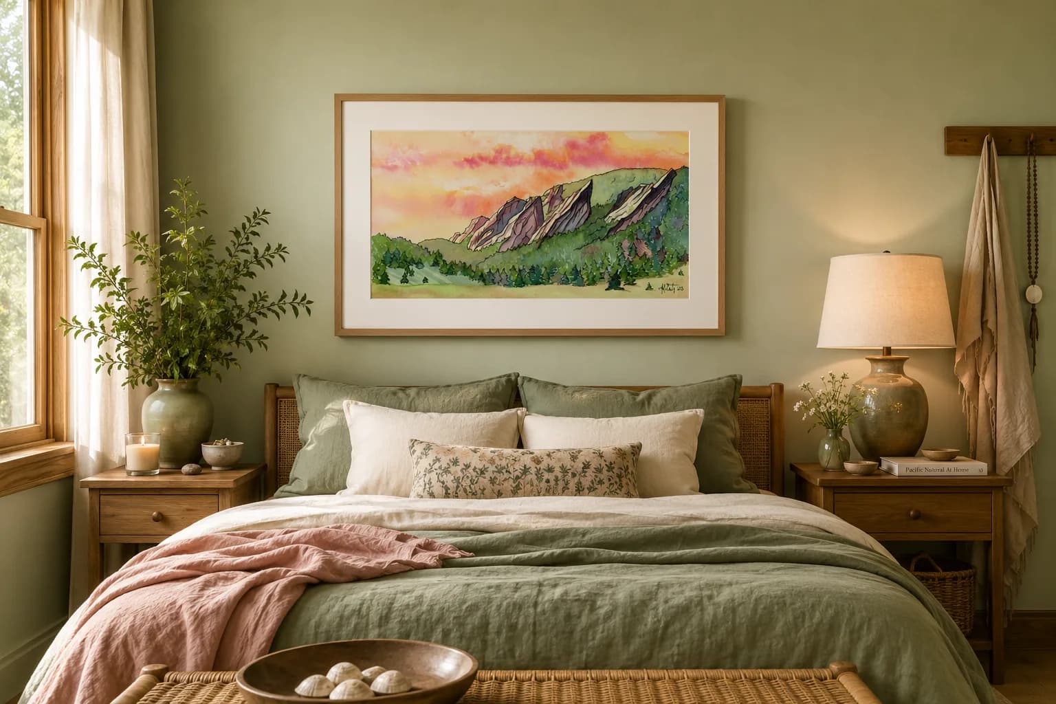 A watercolor painting of the Flatirons mountains at sunset hangs above a bed in a bedroom.