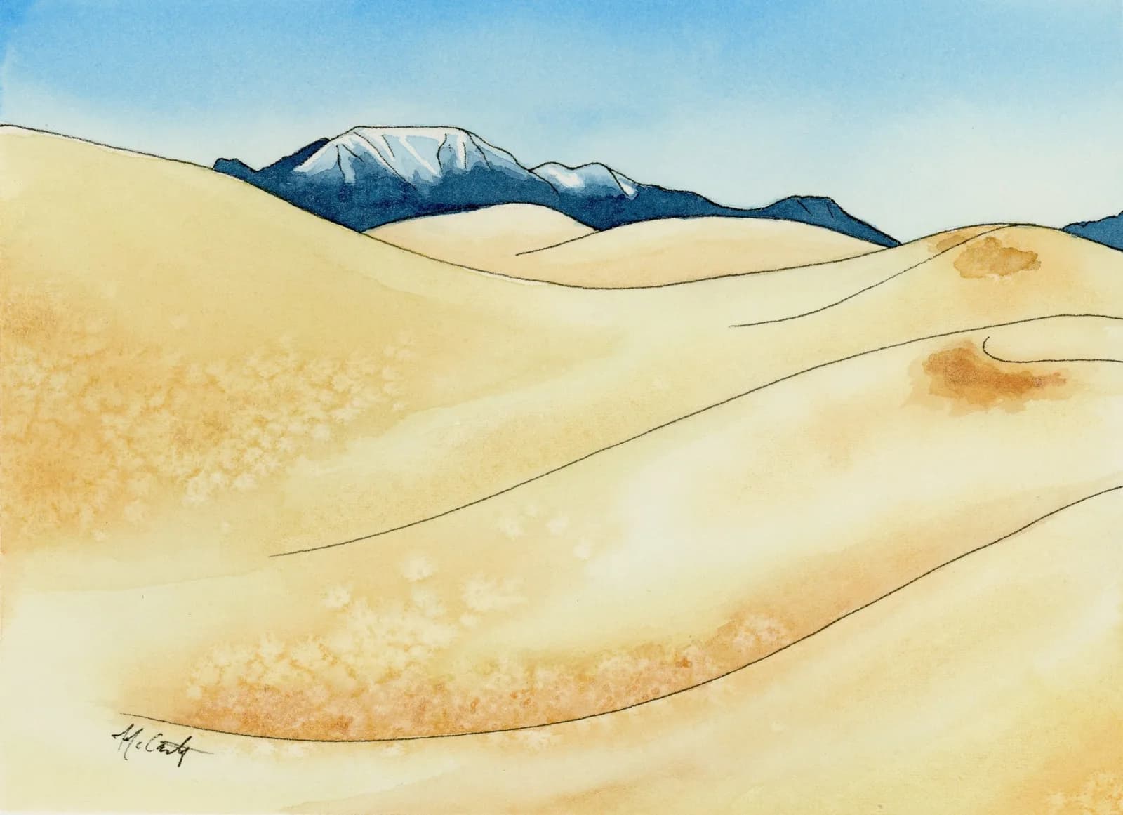 Watercolor painting of rolling sand dunes with distant snow-capped mountains under a clear blue sky.