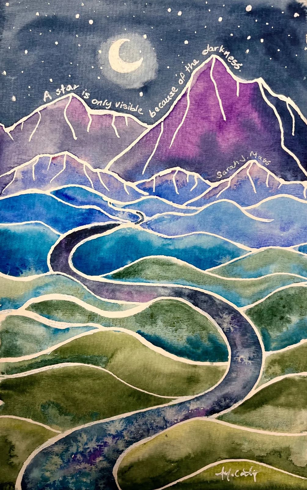 A watercolor landscape painting depicts a winding river flowing through rolling hills under a starry night sky with a crescent moon.
