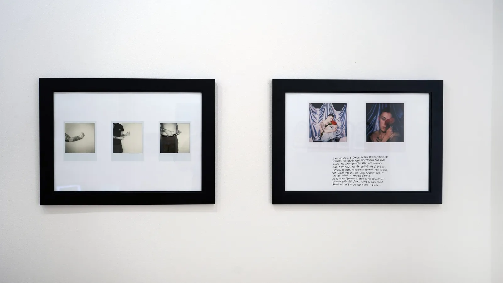 Two framed photographic works, one with three black and white images of hands and torsos, the other with two color images and handwritten text.