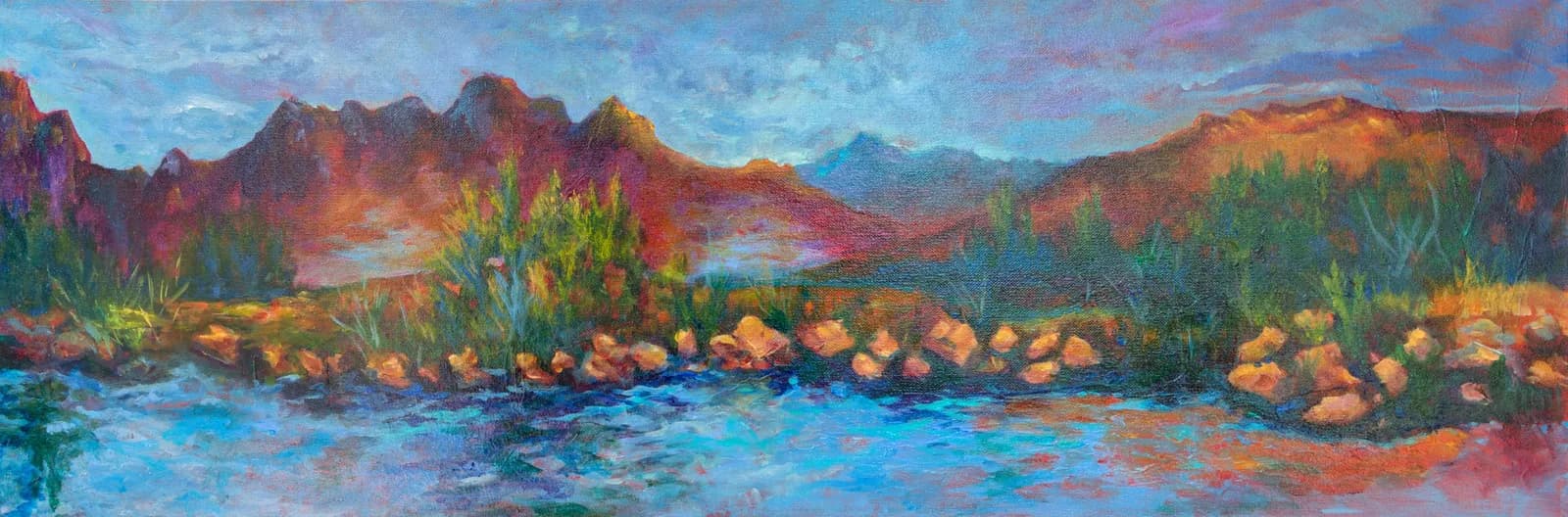 An impressionistic oil painting depicts a vibrant mountain landscape with a river in the foreground, rendered in warm tones.