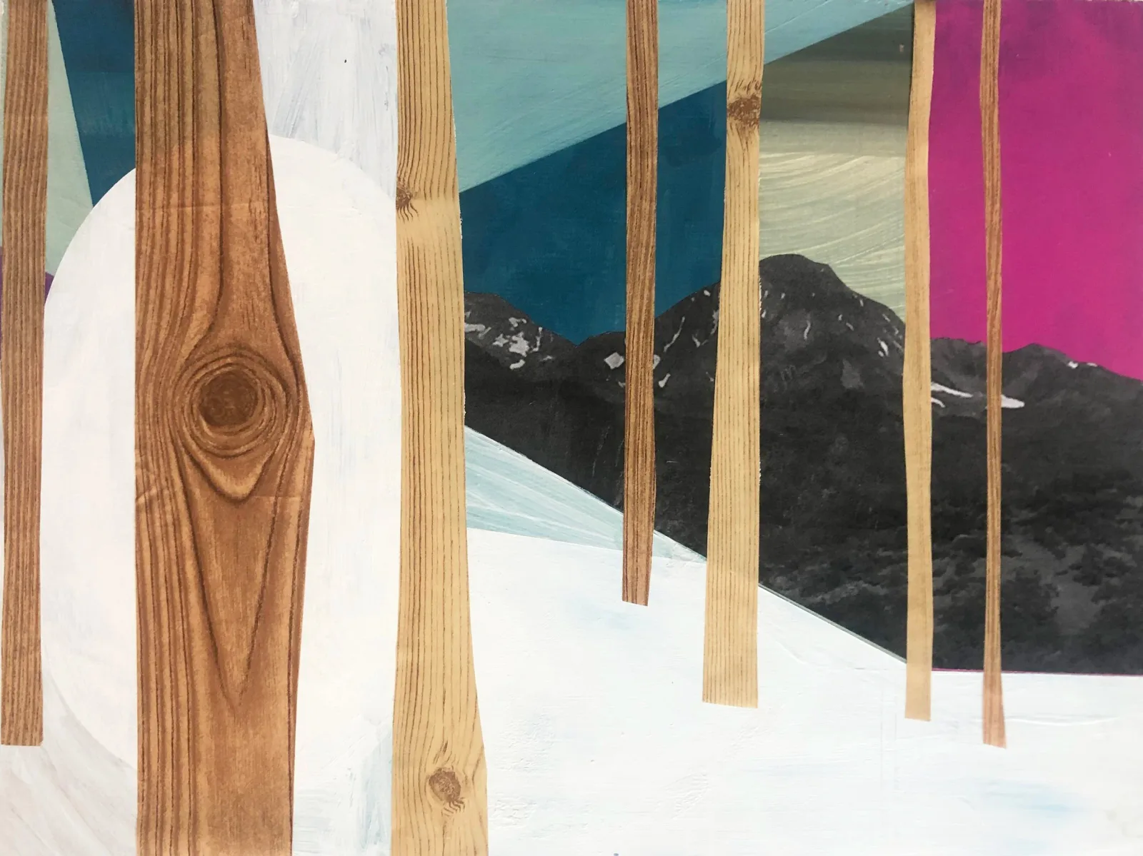 An abstract mixed media landscape collage featuring trees and mountains in a palette of Royal Heath, Antique Brass, and Mine Shaft.