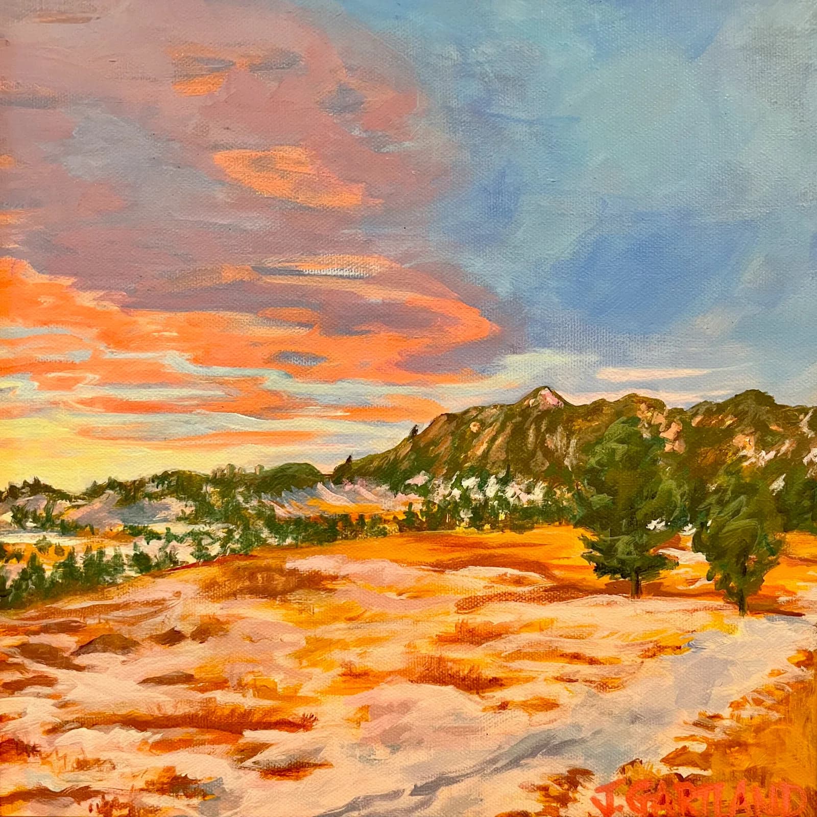 An impressionistic oil painting depicts a vibrant sunset over a snowy landscape with trees and mountains.