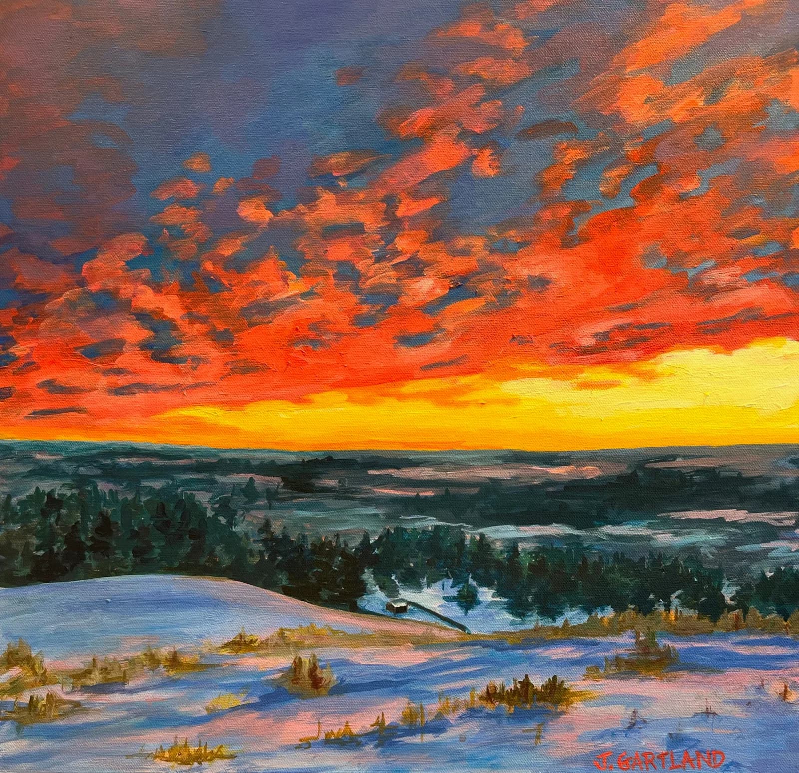 An impressionistic oil painting captures a vibrant sunset over a snow-covered landscape with fiery clouds.